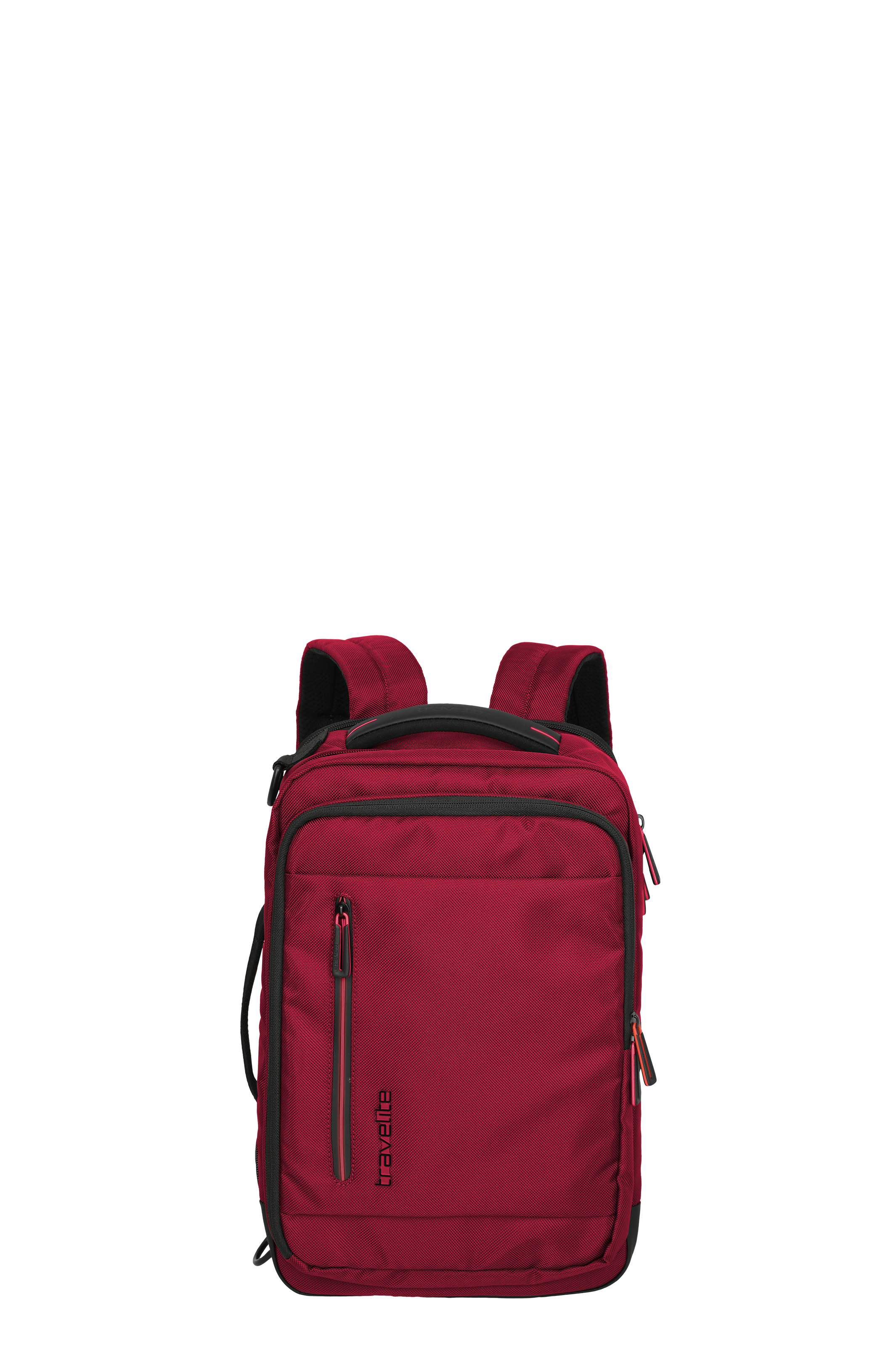 Roter Rucksack von Travellite mit mehreren Fächern und ergonomischen Schultergurten, geeignet für Schule, Arbeit oder Freizeit