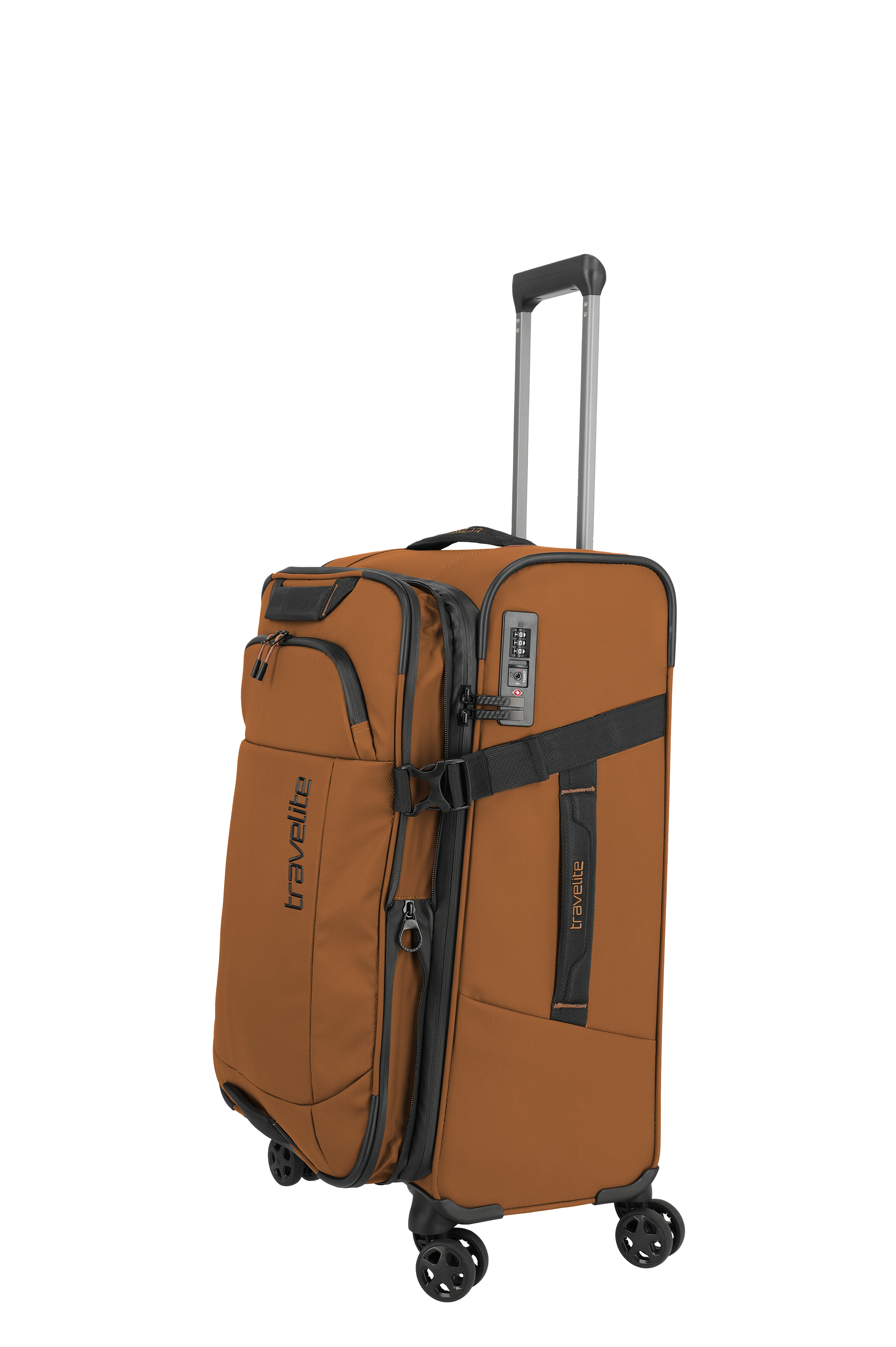 Travelite Weichgepäck Trolley in Braun mit 4 Rollen, TSA-Schloss und ausziehbarem Griff