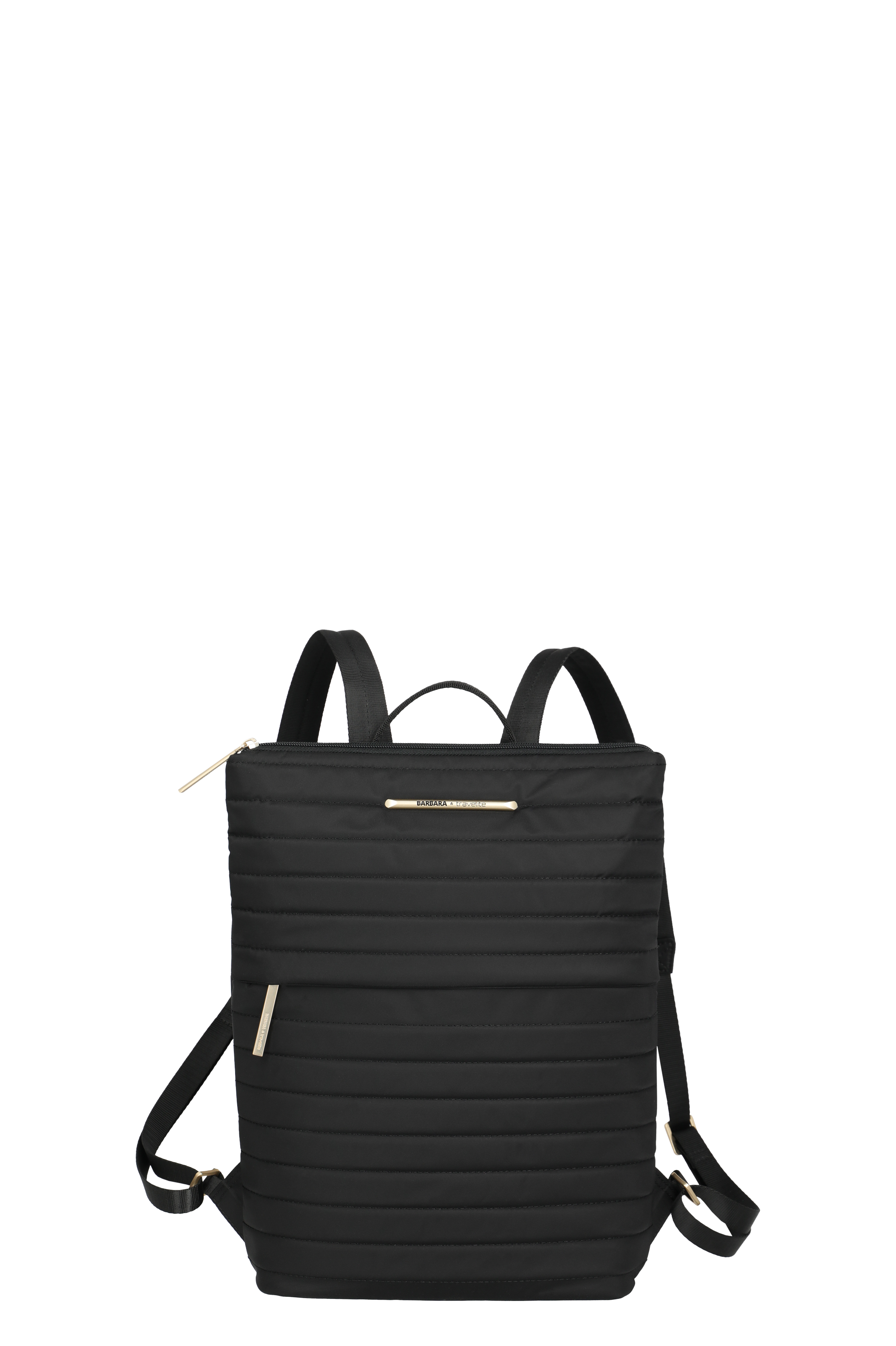 Schwarzer Damen-Rucksack aus gestepptem Stoff mit goldenen Details und Reißverschluss Moderner, schwarzer Rucksack für Damen mit gestepptem Design, verstellbaren Trägern und goldenen Akzenten, fotografiert vor weißem Hintergrund