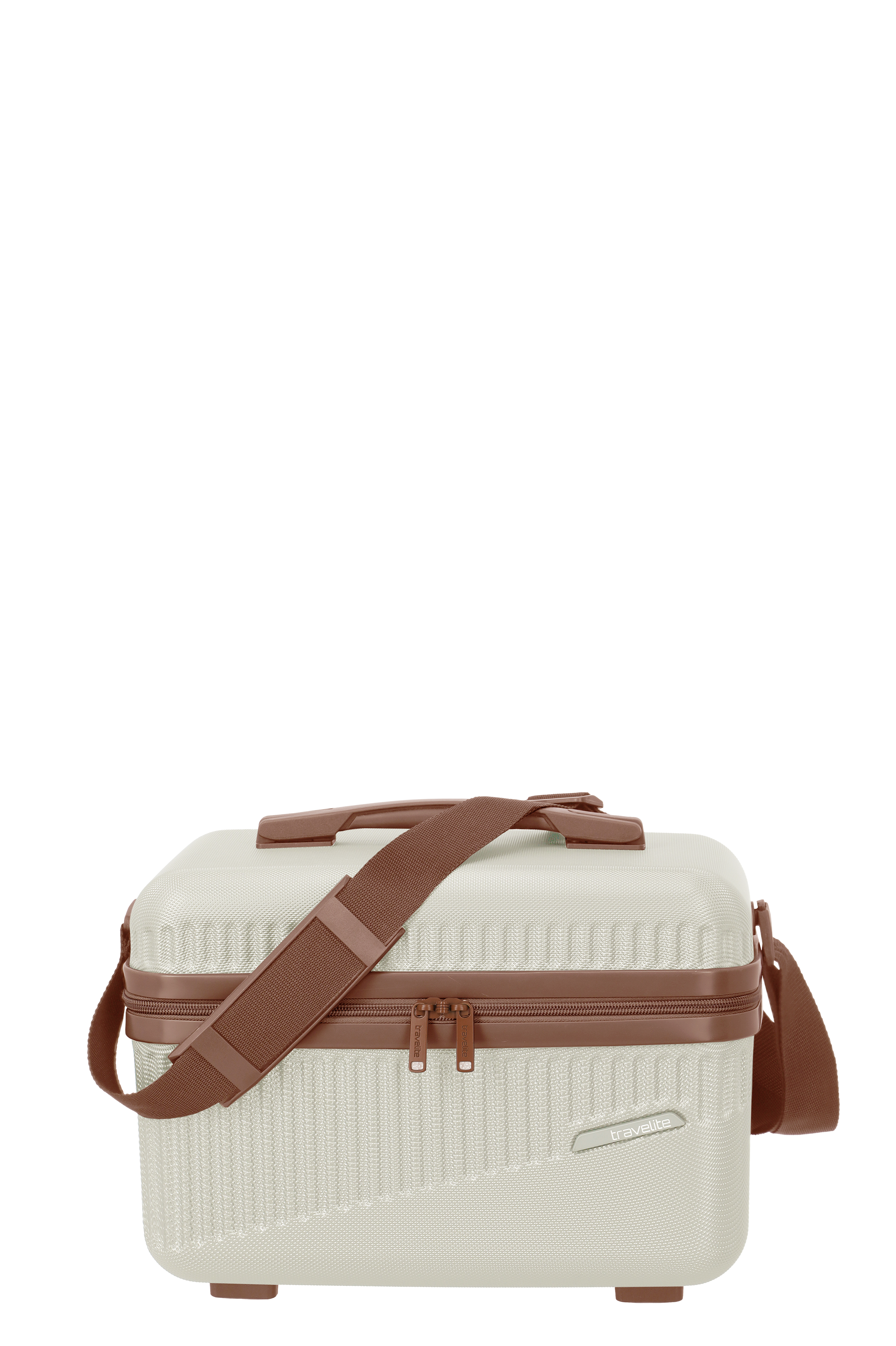 Un travelite Beautycase de la série Bali vue de face en blanc/cognac