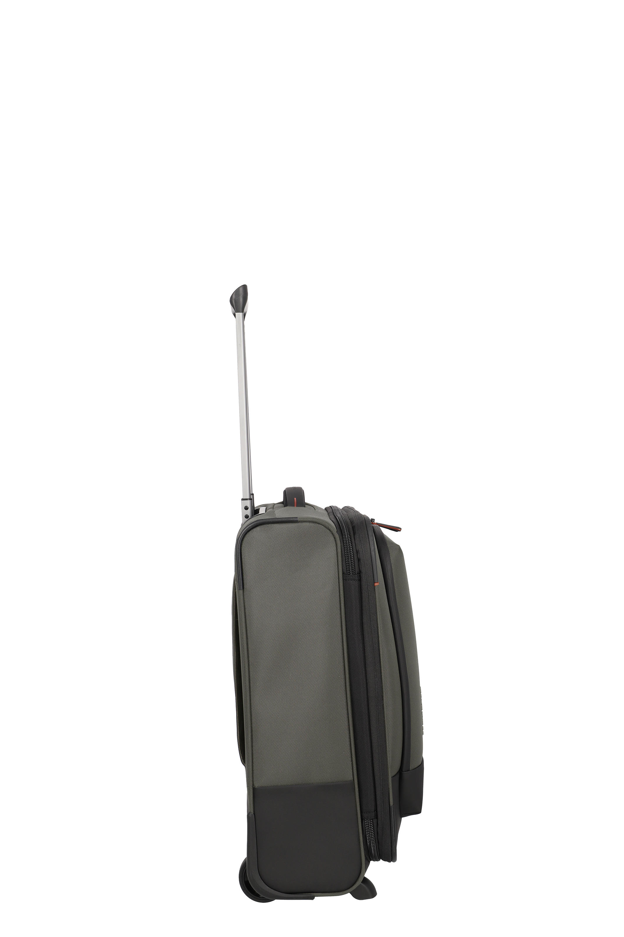 Seitliche Ansicht eines grauen Trolleys mit ausgezogenem Griff