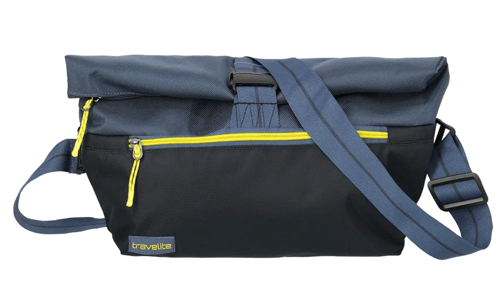 travelite Umhängetasche in Blau-Schwarz mit gelbem Reißverschluss – praktische Schultertasche für Freizeit und Reisen Praktische travelite Umhängetasche in Blau-Schwarz mit verstellbarem Schultergurt und auffälligem gelbem Reißverschluss, ideal für unterwegs