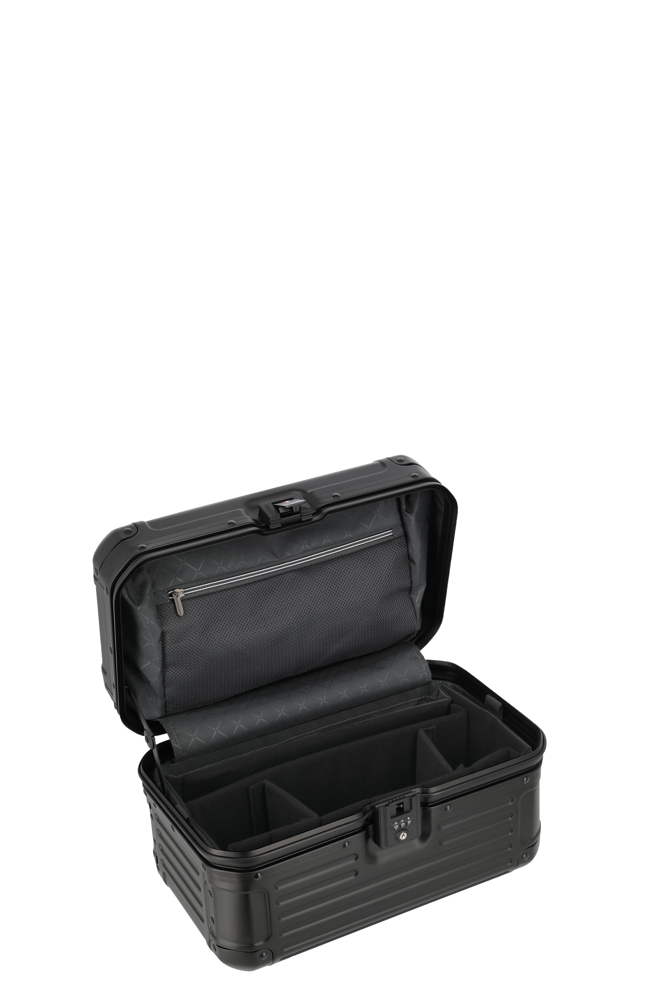 Stabiler schwarzer Hartschalenkoffer mit Zahlenschloss und Fächern – ideal für sicheren Transport von Wertgegenständen