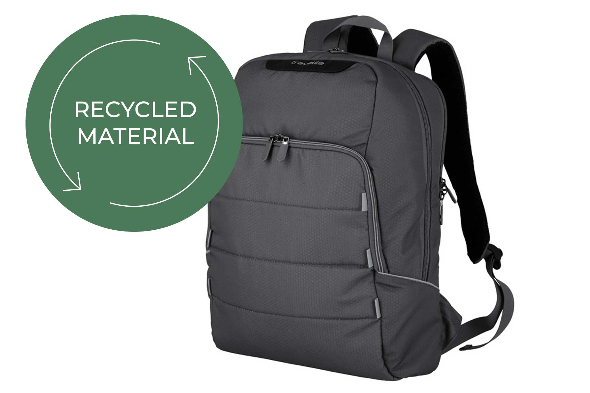 Grauer Rucksack aus recyceltem Material Grauer Rucksack mit mehreren Fächern, hergestellt aus recyceltem Material, ideal für umweltbewusste Nutzer.
