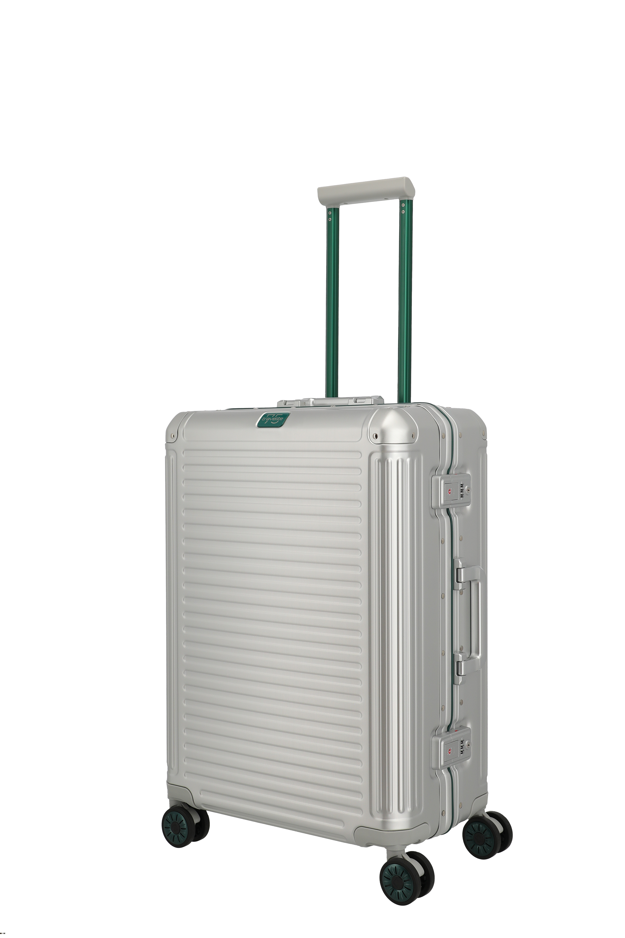 Moderner silberner Hartschalenkoffer mit Teleskopgriff und 4 Rollen – ideal für stilvolles und sicheres Reisen