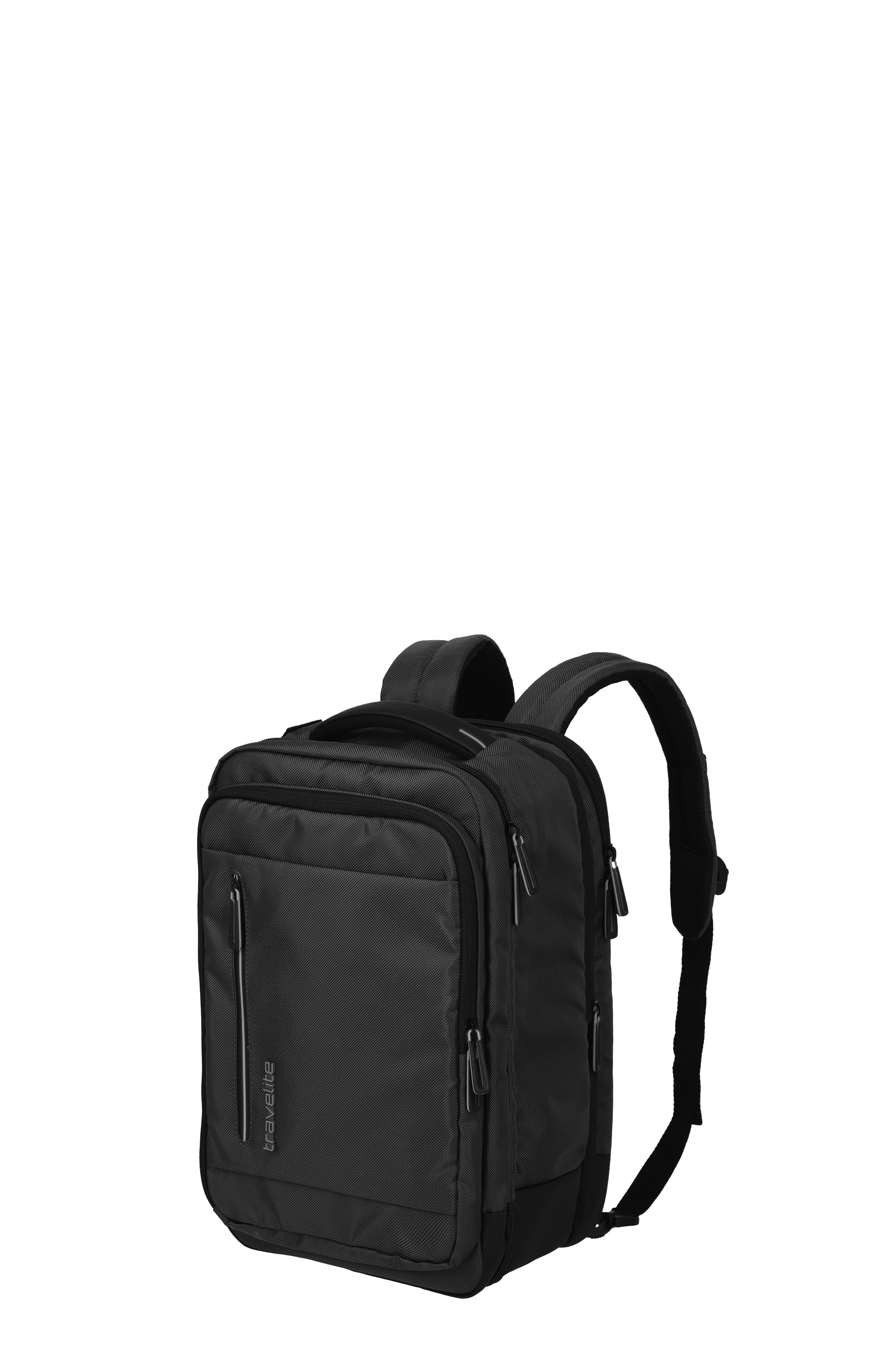 Schwarzer Travelite Rucksack mit mehreren Fächern und Reißverschlüssen