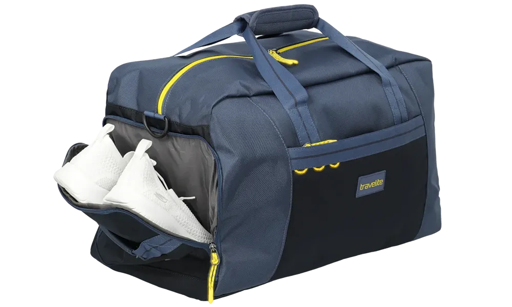 Travelite Sporttasche in Blau mit Schuhfach und gelben Akzenten – Praktische Tasche für Sport und Reisen Blaue Travelite Sporttasche mit separatem Schuhfach, gelben Zippern und weißen Sportschuhen