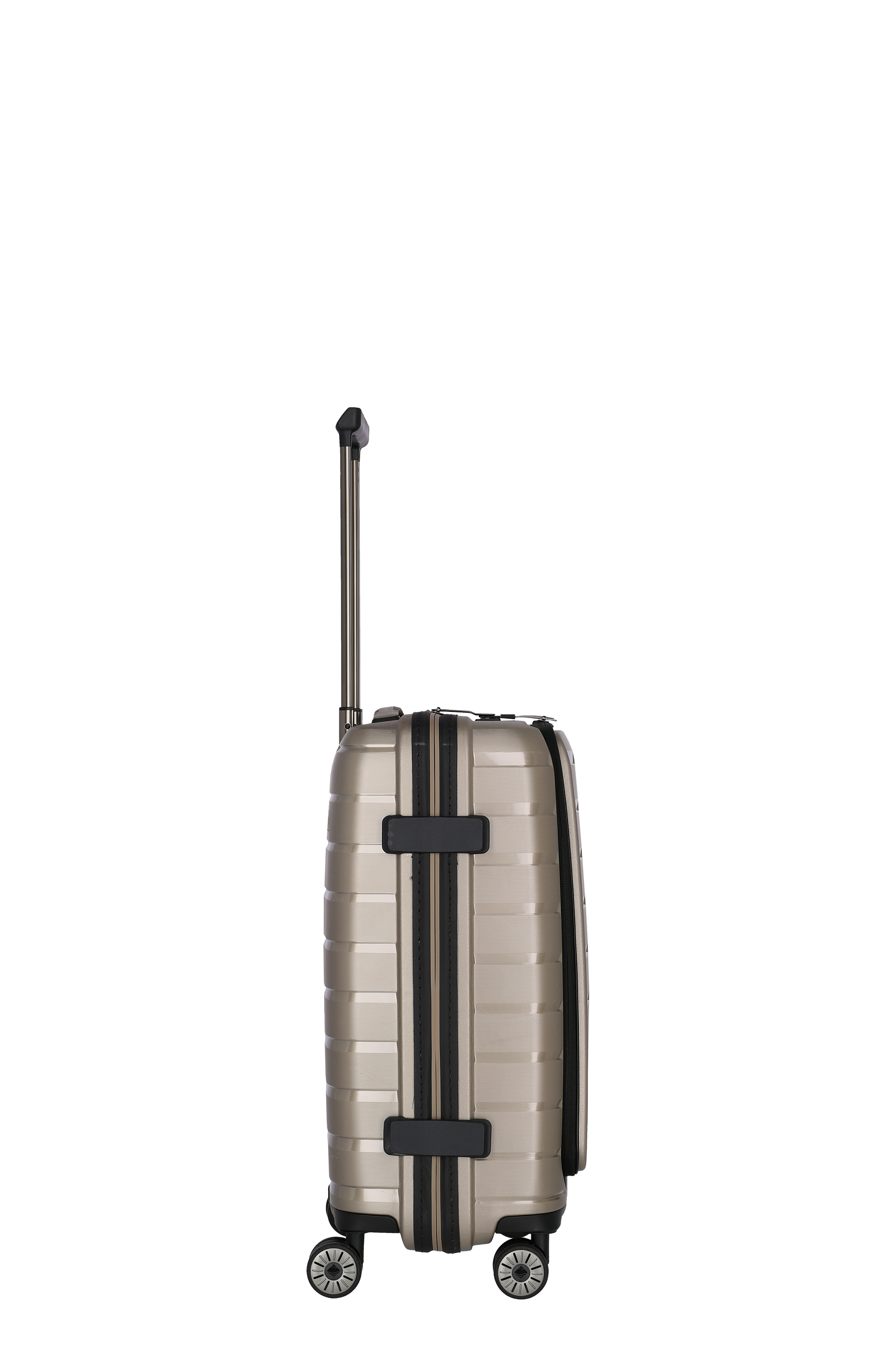 Hartschalenkoffer in Beige mit schwarzer Verzierung und Teleskopgriff, seitliche Ansicht