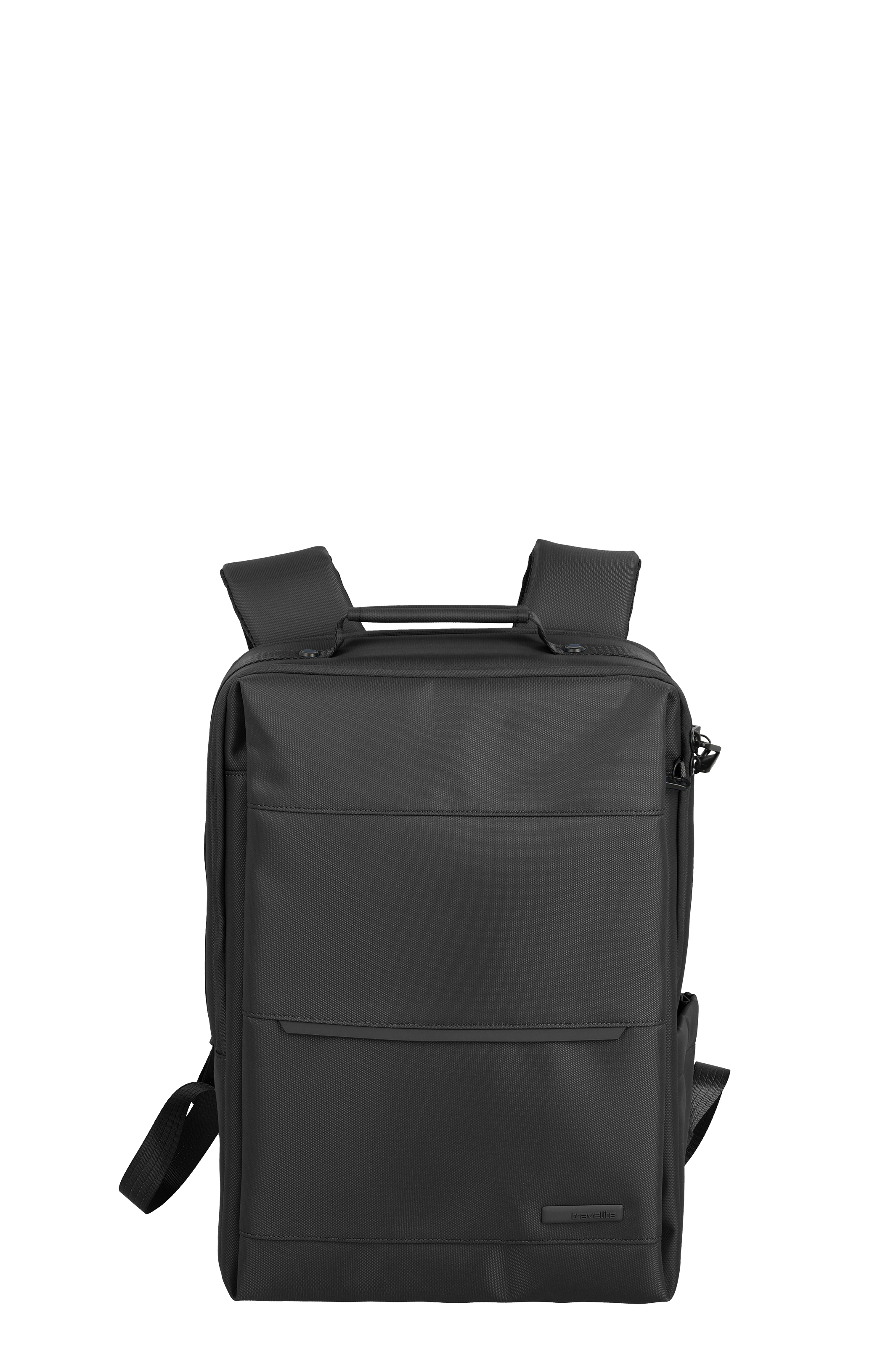 Black, rectangular backpack with a practical design, ideal for the office, university and travelling, made of robust material