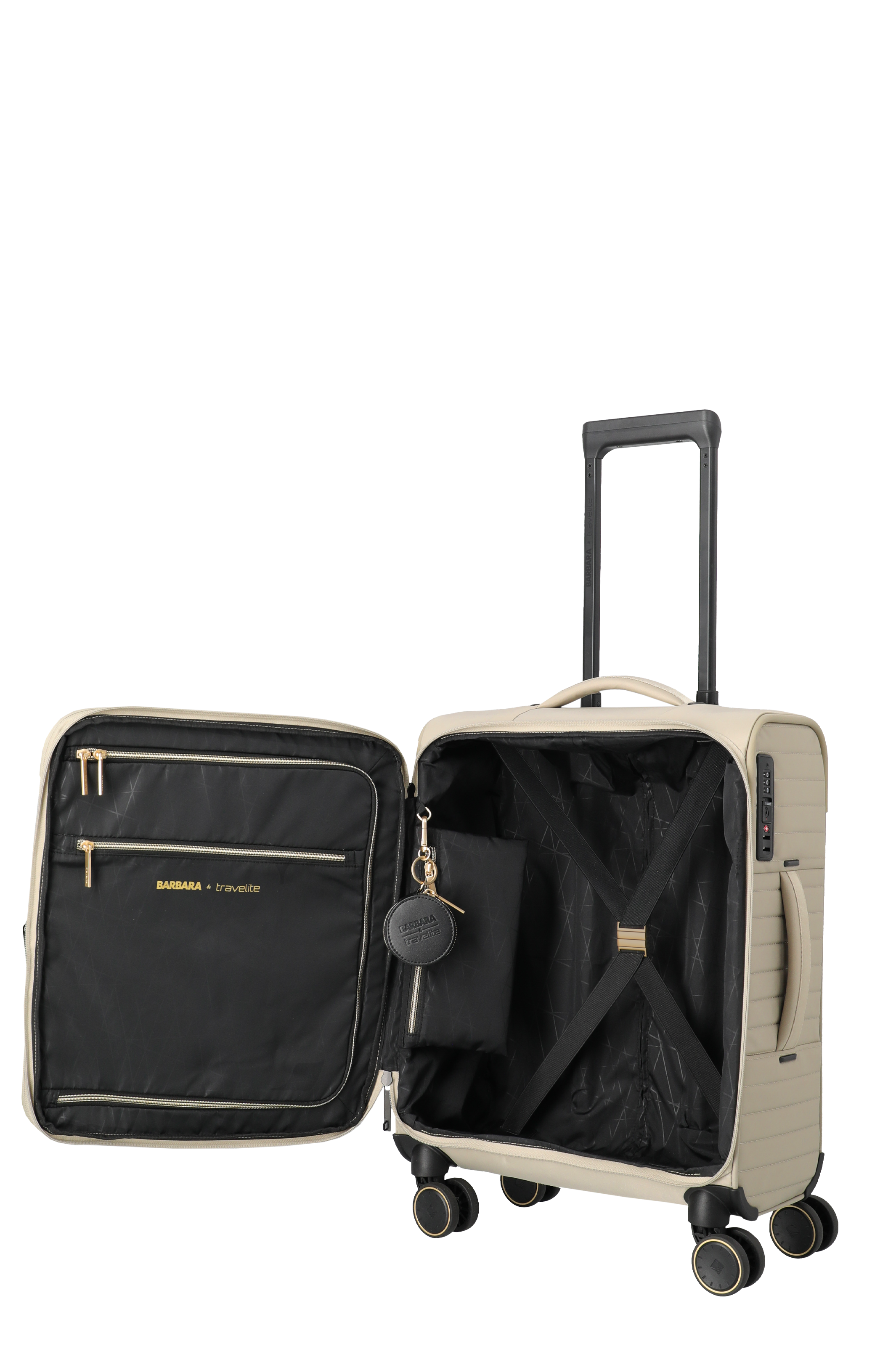 Beiger Handgepäck-Trolley mit offenem Hauptfach, vier Rollen und integrierten Fächern – Modell BARBARA x travelite