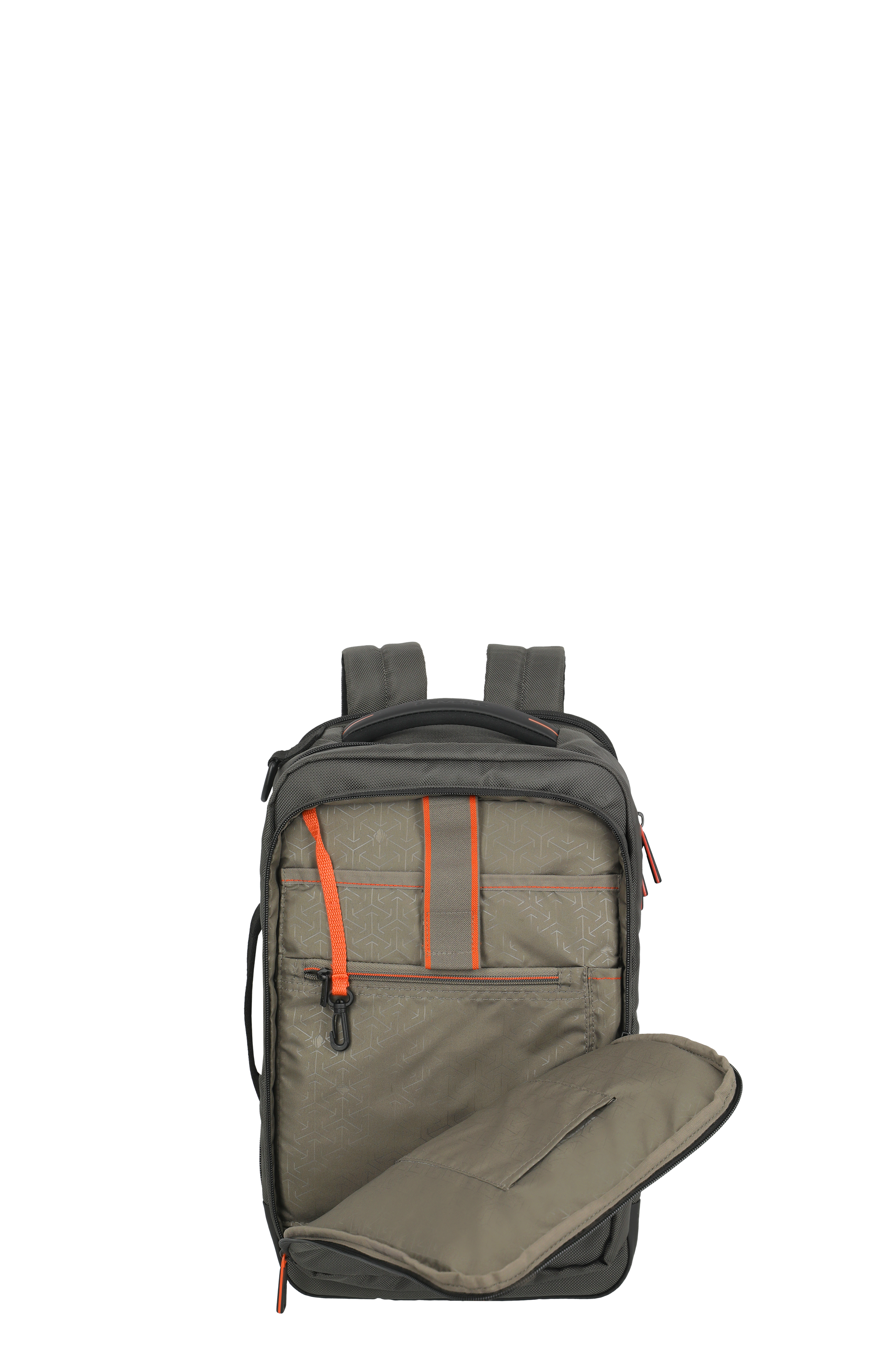 Grauer Rucksack mit orangefarbenen Akzenten und geöffnetem Frontfach