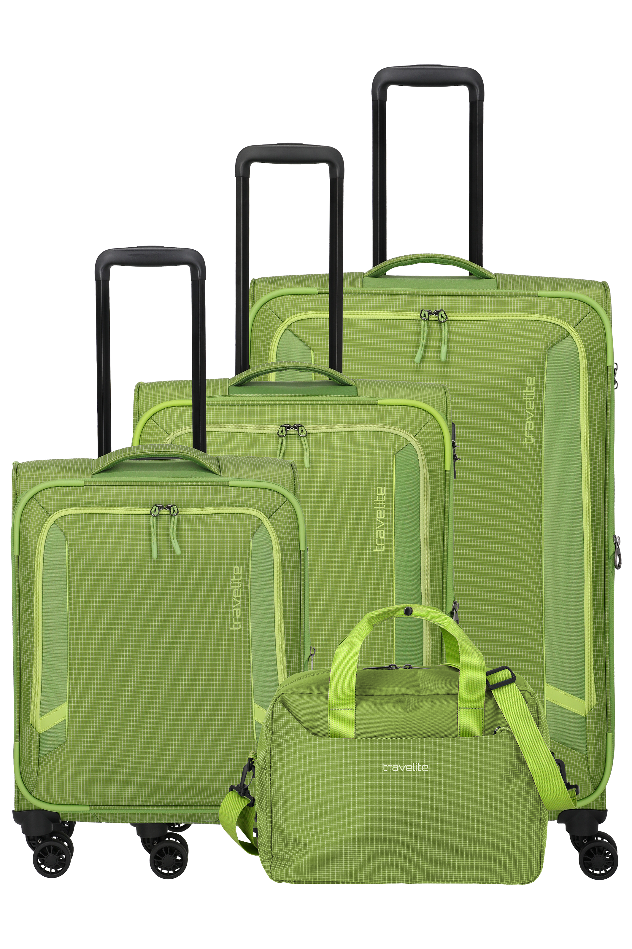 Three green wheeled suitcases of different sizes and a travel bag against a black background. The suitcases have extendable handles. All pieces of luggage bear the lettering "travelite". The fabric texture shows a fine chequered pattern.
