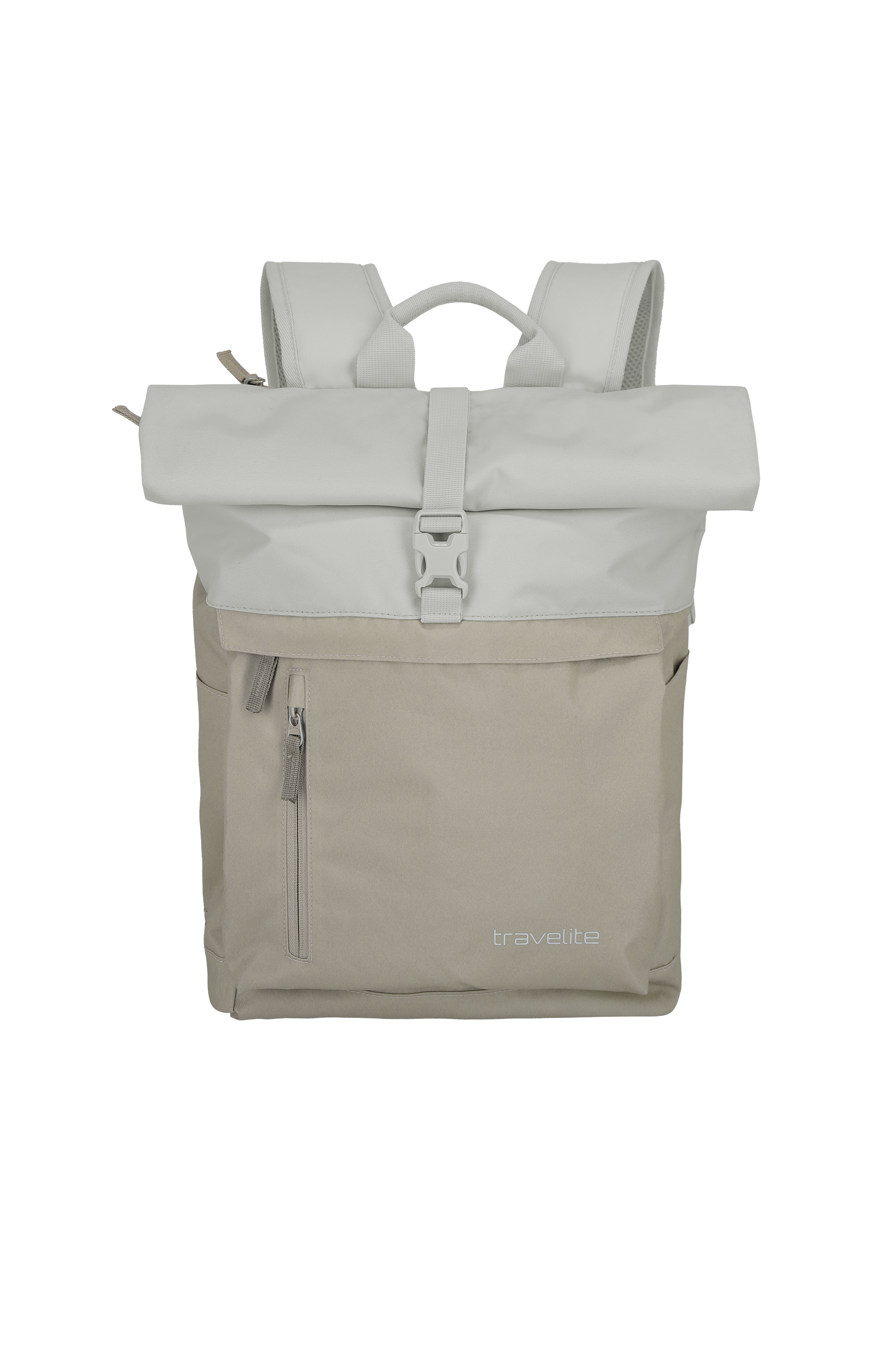 A sand-coloured TRAVELITE backpack against a black background. The upper section is light beige, the lower section is grey with a zip pocket and TRAVELITE logo. Straps and fastening straps are light beige.