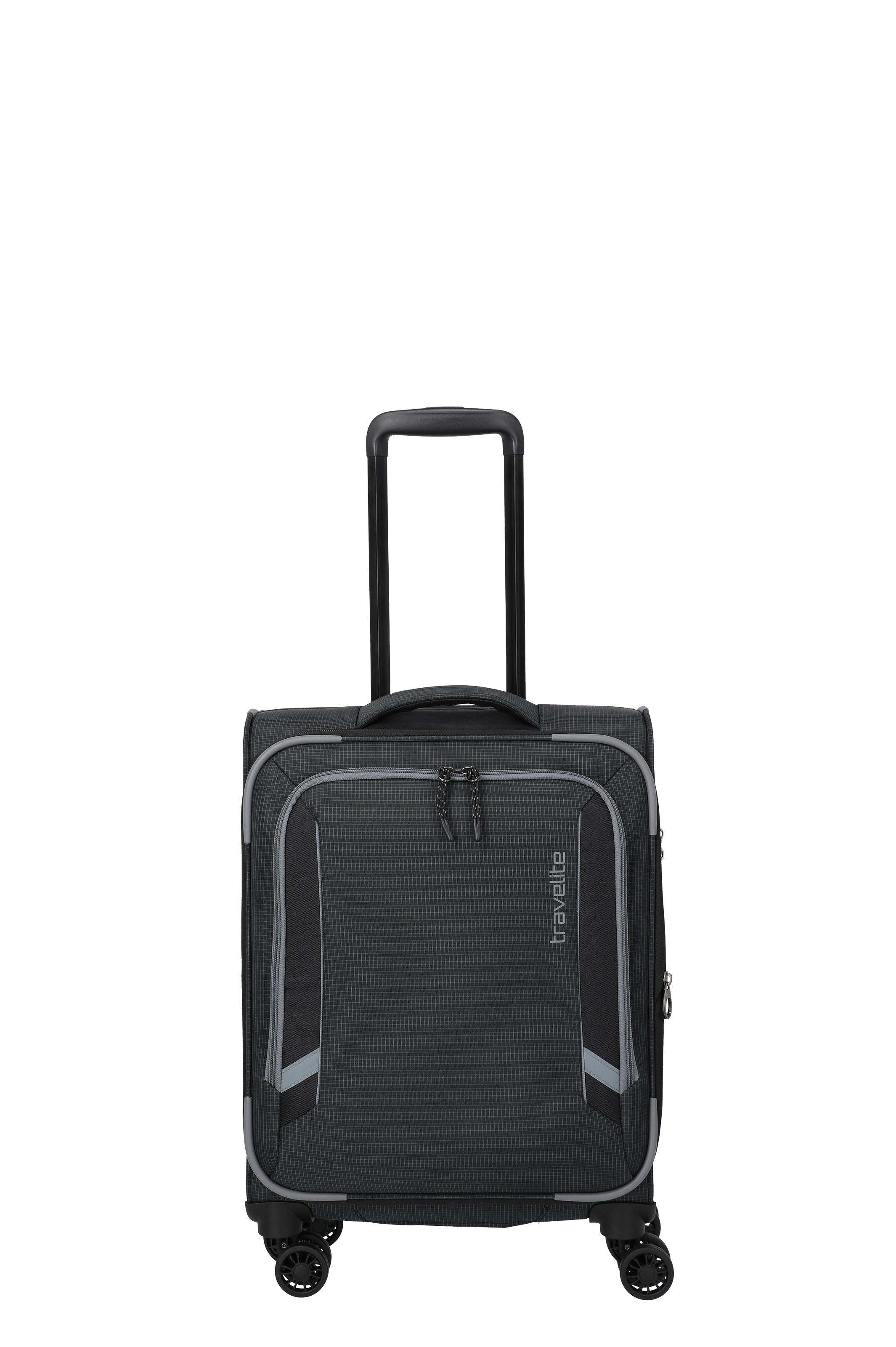 A grey Travelite trolley stands upright. It has an extendable handle and four wheels. The texture is finely checked, with grey accents around the front pockets. The logo is on the right-hand side. The background is black.