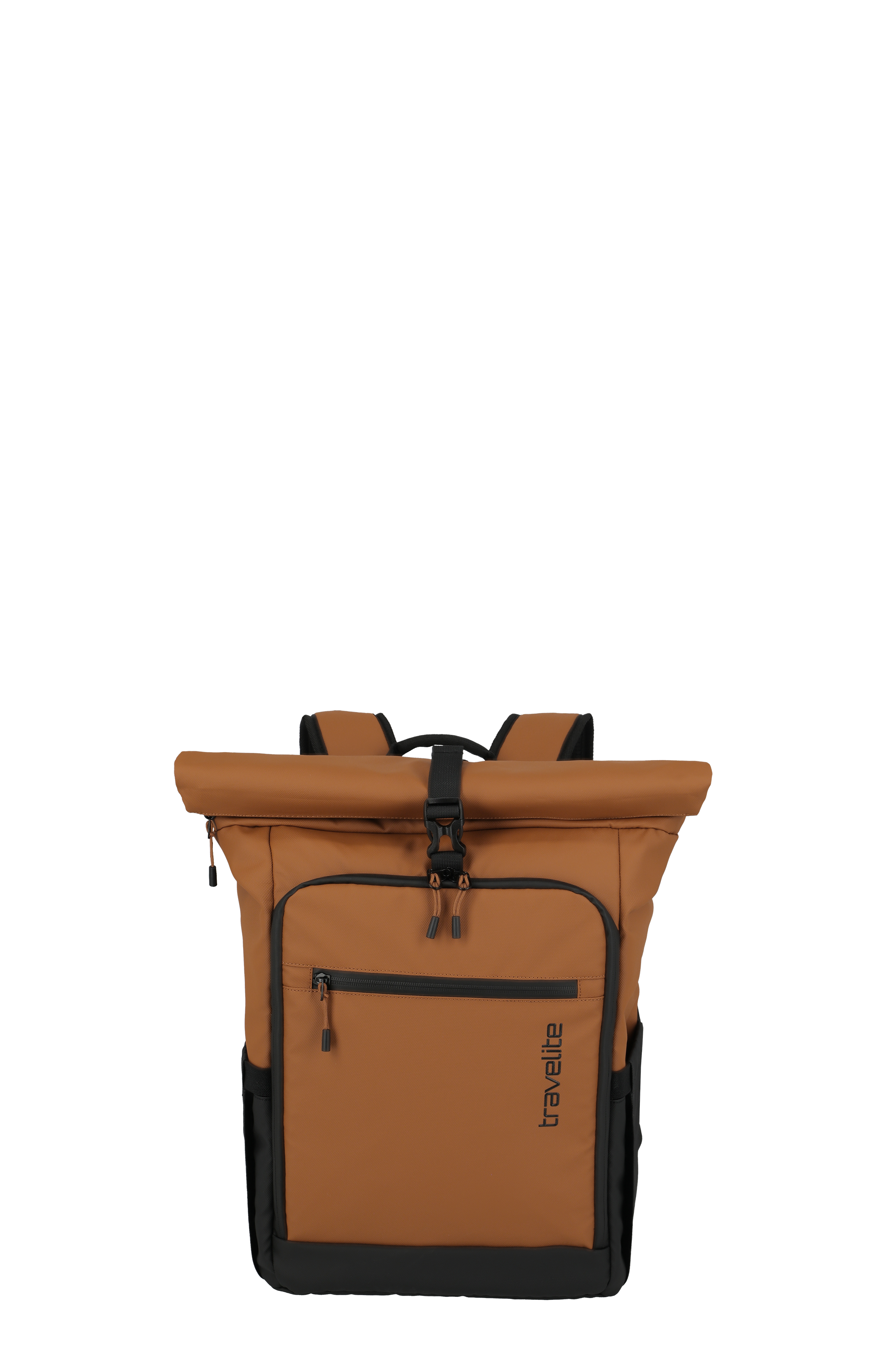 Brauner Travelite Rucksack mit Rolltop-Verschluss, Fronttasche und schwarzem Boden – ideal für Alltag, Reisen oder Freizeit