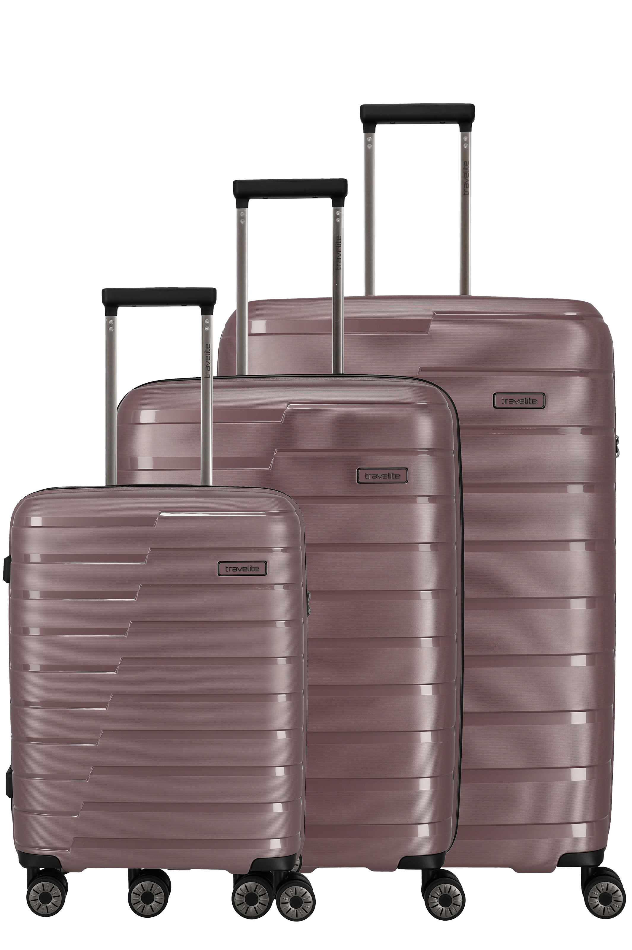 Reisekofferset von Travelite in Braun – 3-teilig, Hartschale, mit 4 Rollen und Teleskopgriff Dreiteiliges Kofferset von Travelite aus braunem Hartschalenmaterial, mit vier Rollen und Teleskopgriffen, in verschiedenen Größen