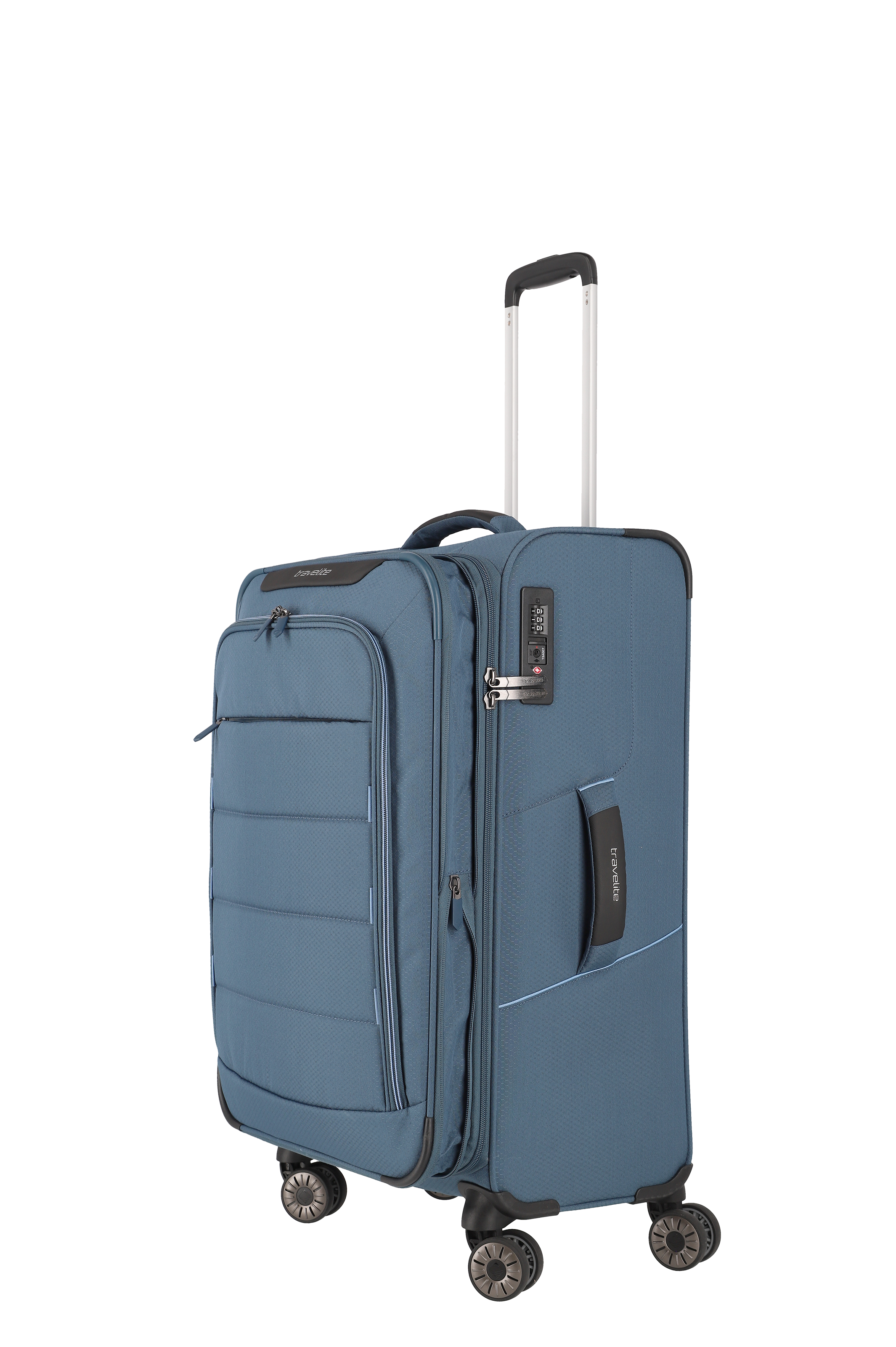 Blauer Trolley-Koffer mit vier Rollen und integriertem Zahlenschloss, ideal für Reisen