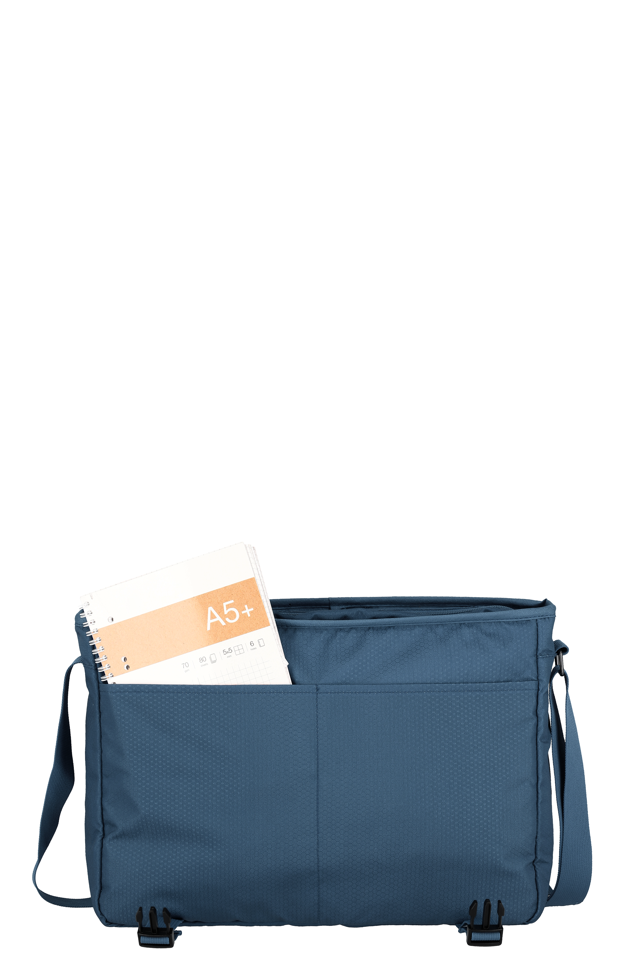 Blaue Umhängetasche mit A5+ Notizbuch in der Vordertasche, ideal für Schule oder Büro