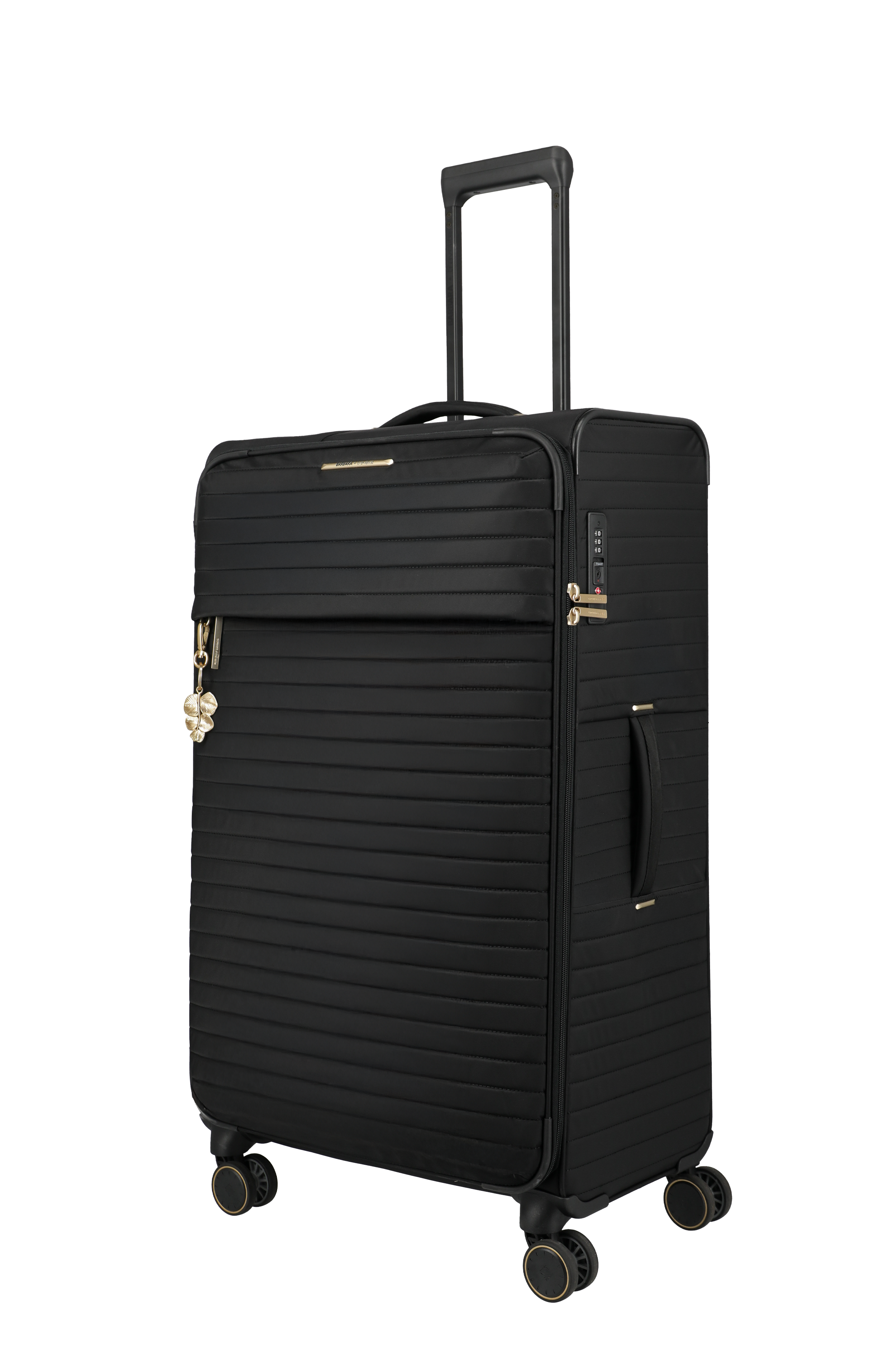 Schwarzer Trolley-Koffer mit vier Rollen, Hartschale und integriertem Zahlenschloss – stilvolles Reisegepäck