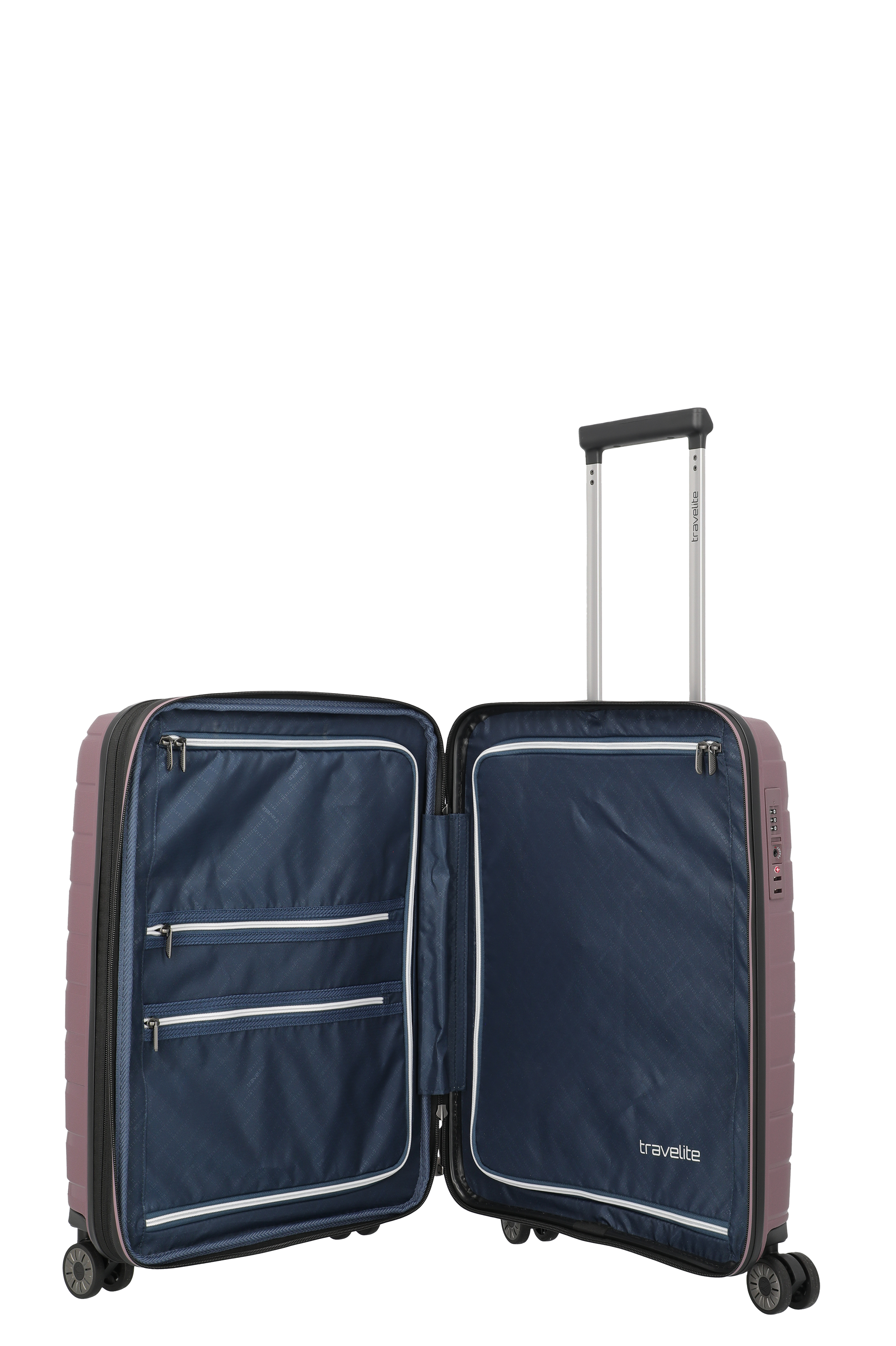 Geöffneter Hartschalen-Trolley mit mehreren Innenfächern und Reißverschlusstaschen von travelite