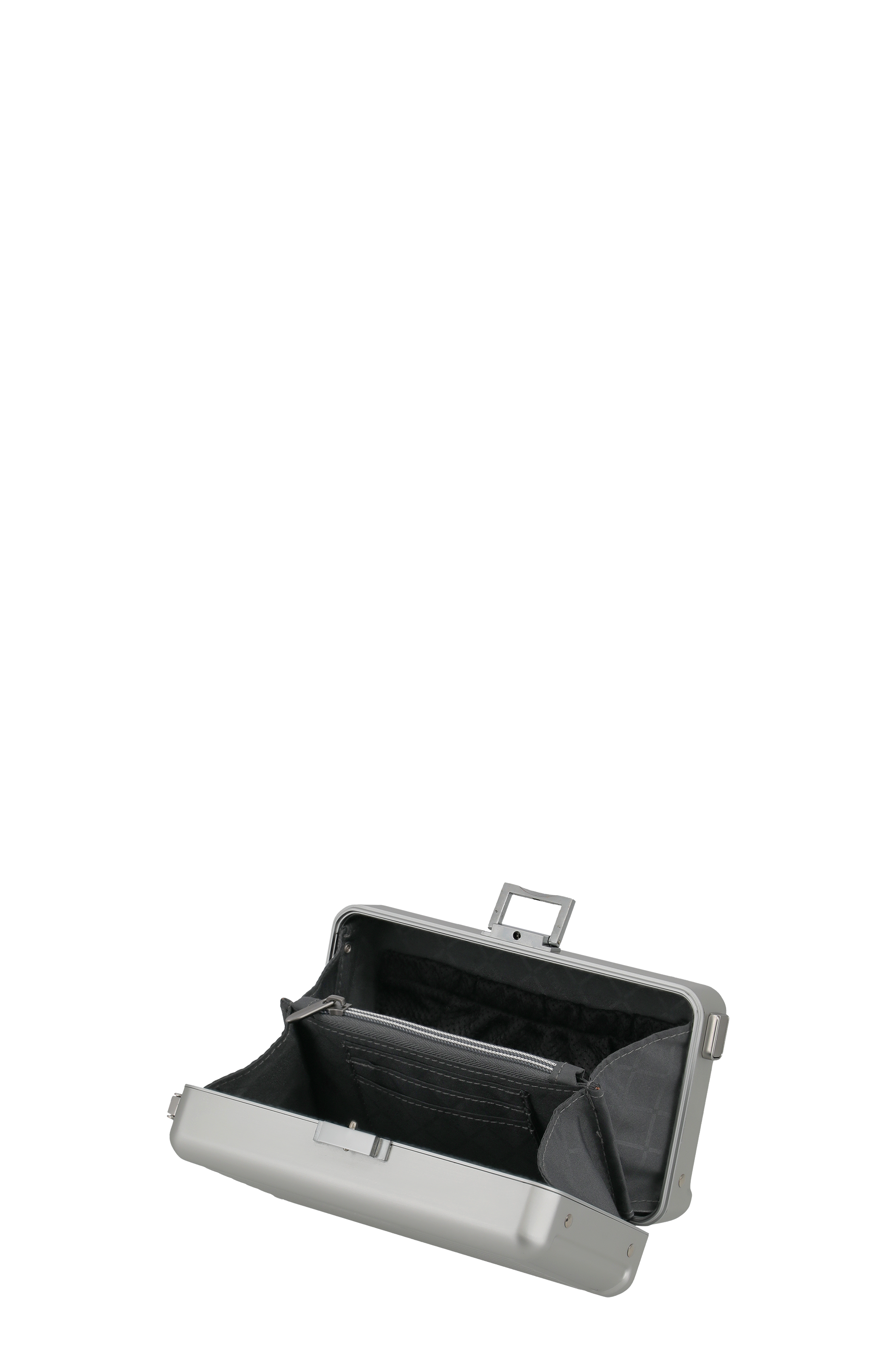 Sichere silberne Geldkassette mit geöffnetem Deckel und Fächern für Bargeld und Dokumente