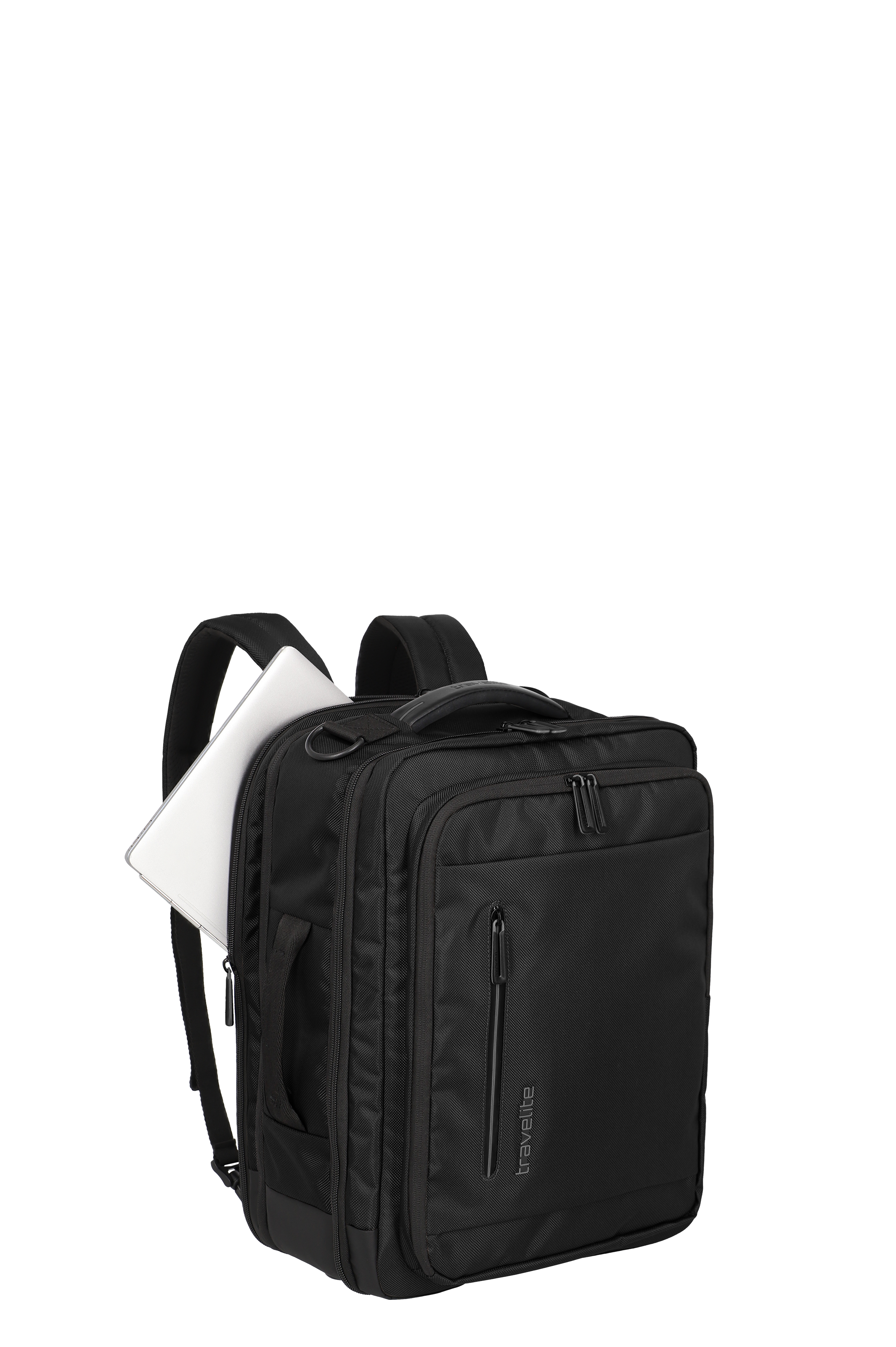 Schwarzer Business-Rucksack von Travelite mit Laptopfach, vielseitig nutzbar für Büro und Reisen