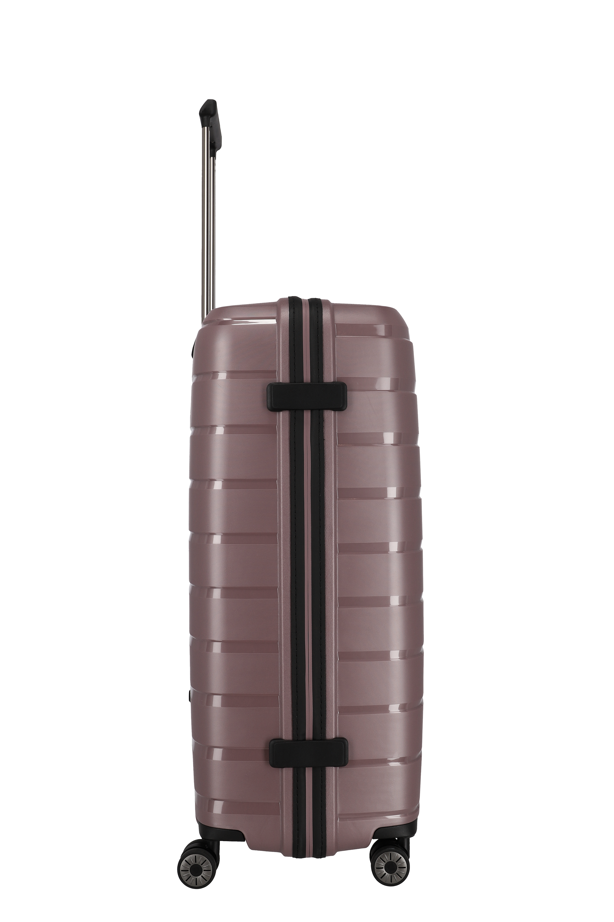 Stabiler Hartschalenkoffer in Rosé mit vier Rollen – praktische Seitenansicht für einfaches Reisen
