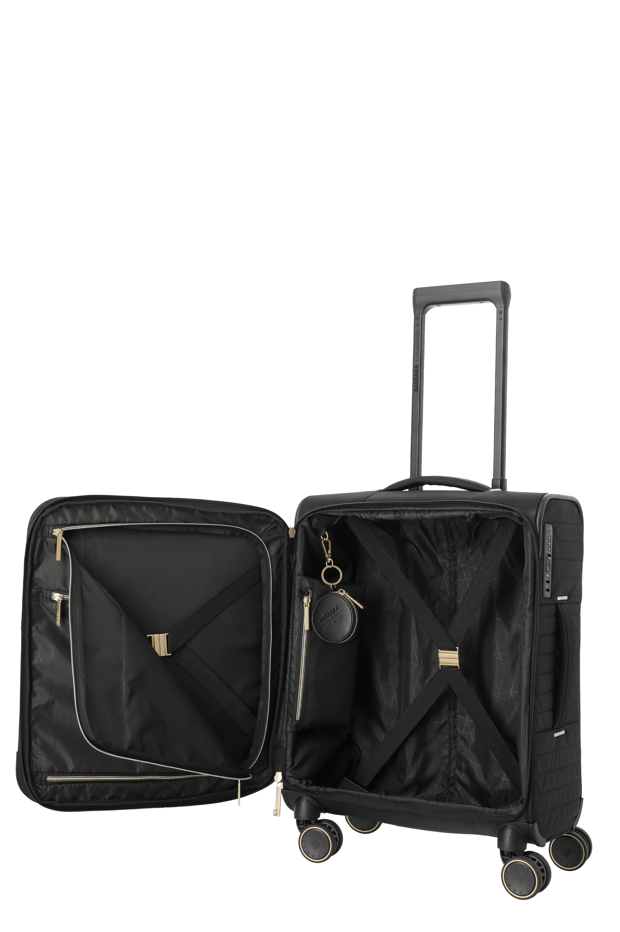 Schwarzer Trolley-Koffer mit offenem Hauptfach, vier Rollen und integriertem Zahlenschloss