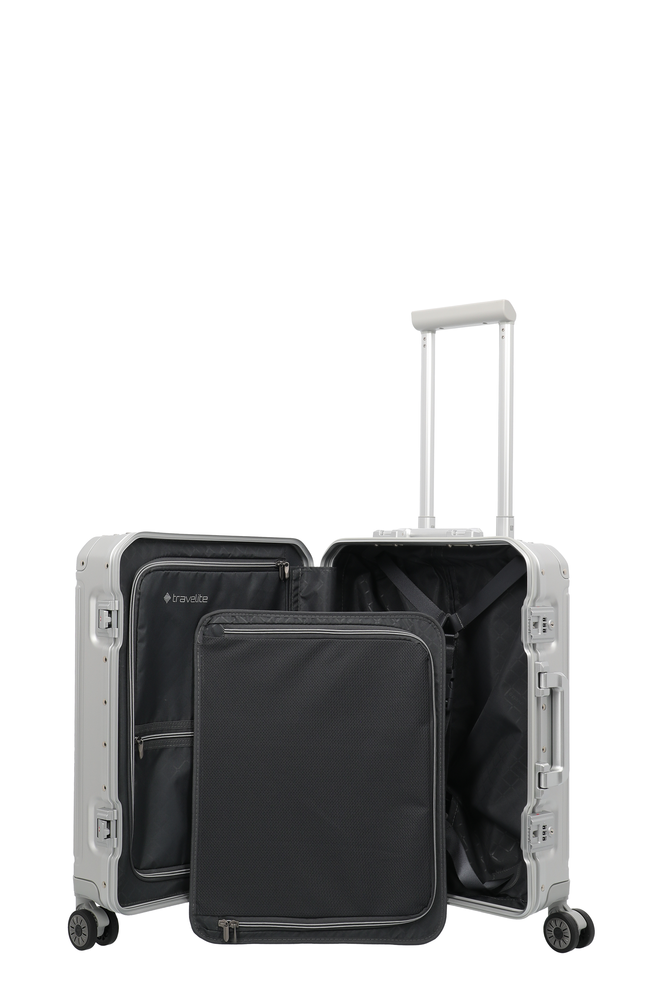 Aluminium Koffer mit TSA-Schloss, vier Rollen und geöffneter Innenaufteilung von travelite