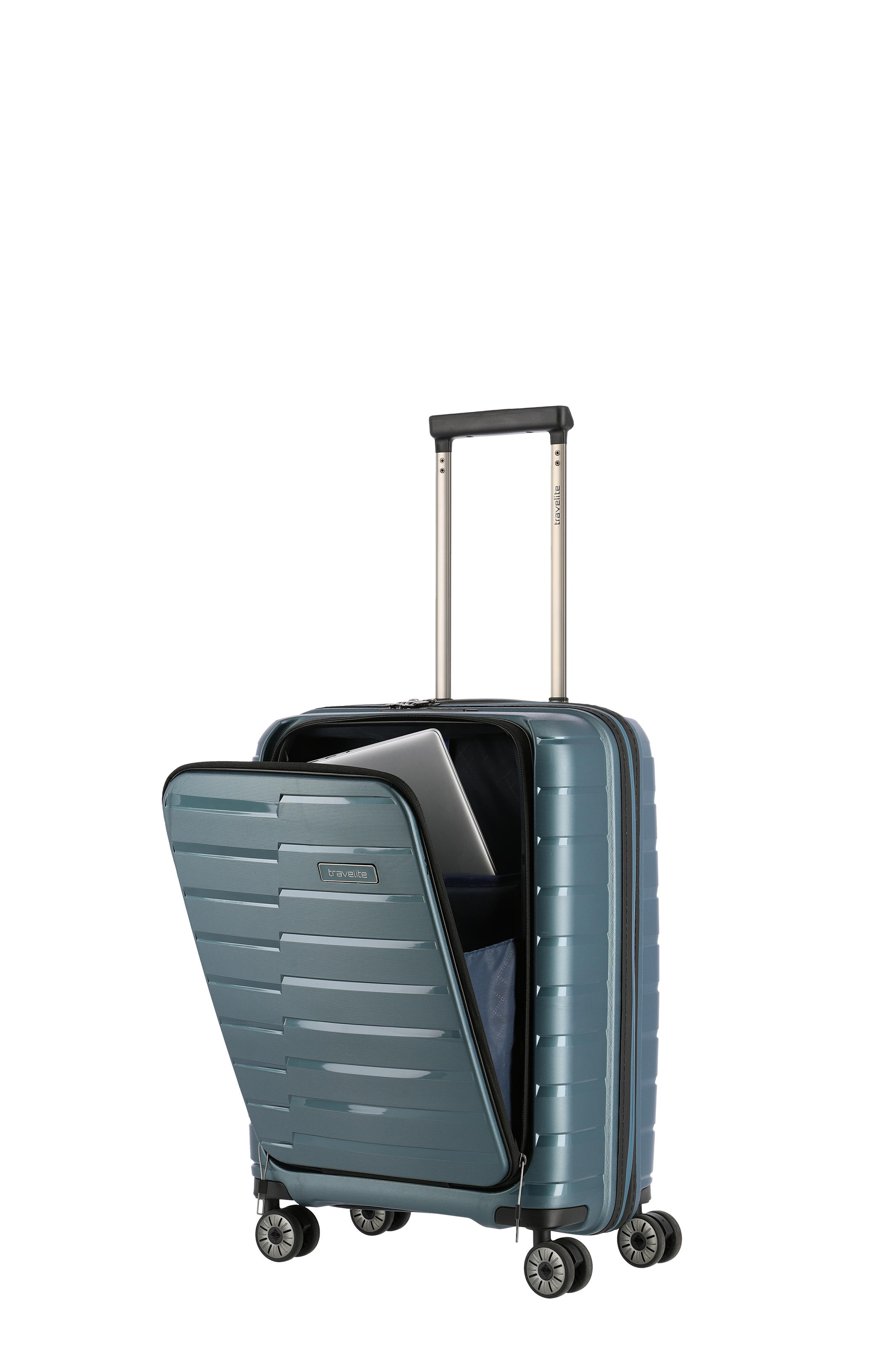 Travelite Hartschalen Trolley mit Frontfach und Laptopfach, 4 Rollen, Handgepäckgröße, blau