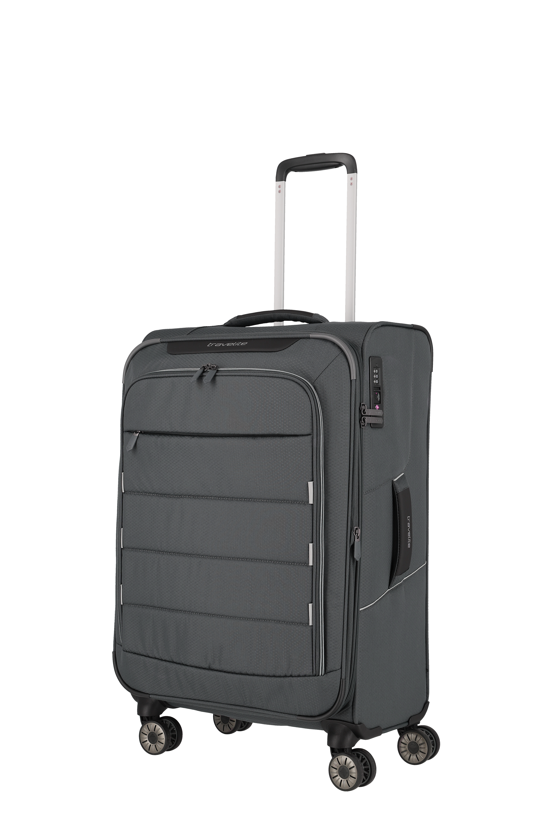 Travelite Weichgepäck Trolley in Anthrazit mit vier Doppelrollen und integriertem TSA-Schloss, ideal für Reisen