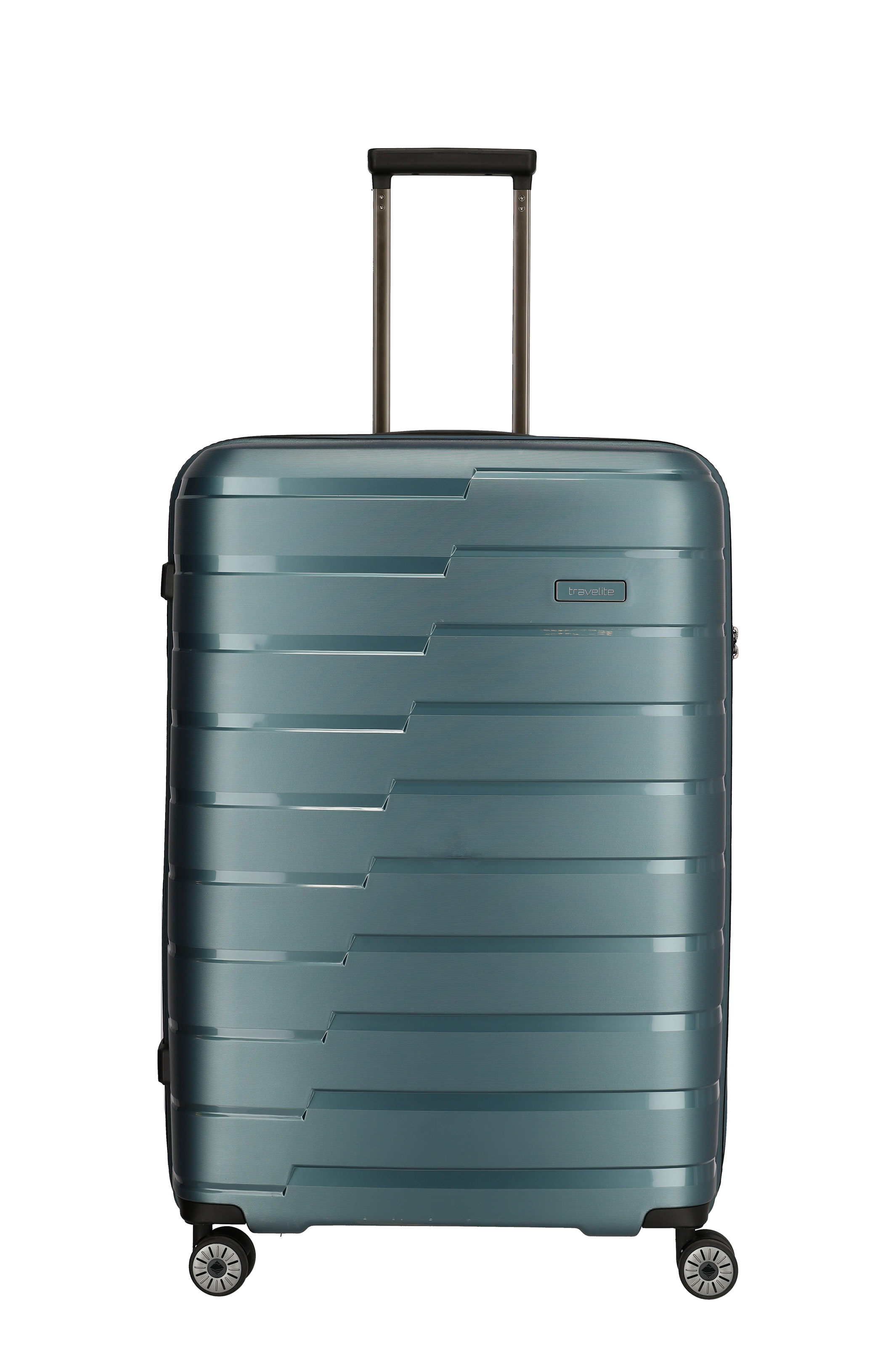 Moderner Hartschalenkoffer in Blau mit Teleskopgriff und vier Rollen - ideal für Reisen Blauer Hartschalenkoffer mit Teleskopgriff und vier Rollen, stehend, für komfortables Reisen