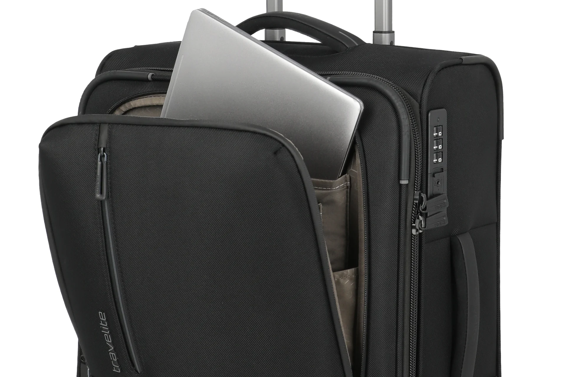 Schwarzer Kabinen-Trolley mit Frontfach und Laptopfach für sicheres Reisen Detailansicht eines schwarzen Kabinen-Trolleys mit integriertem Front- und Laptopfach, in dem ein Laptop verstaut ist