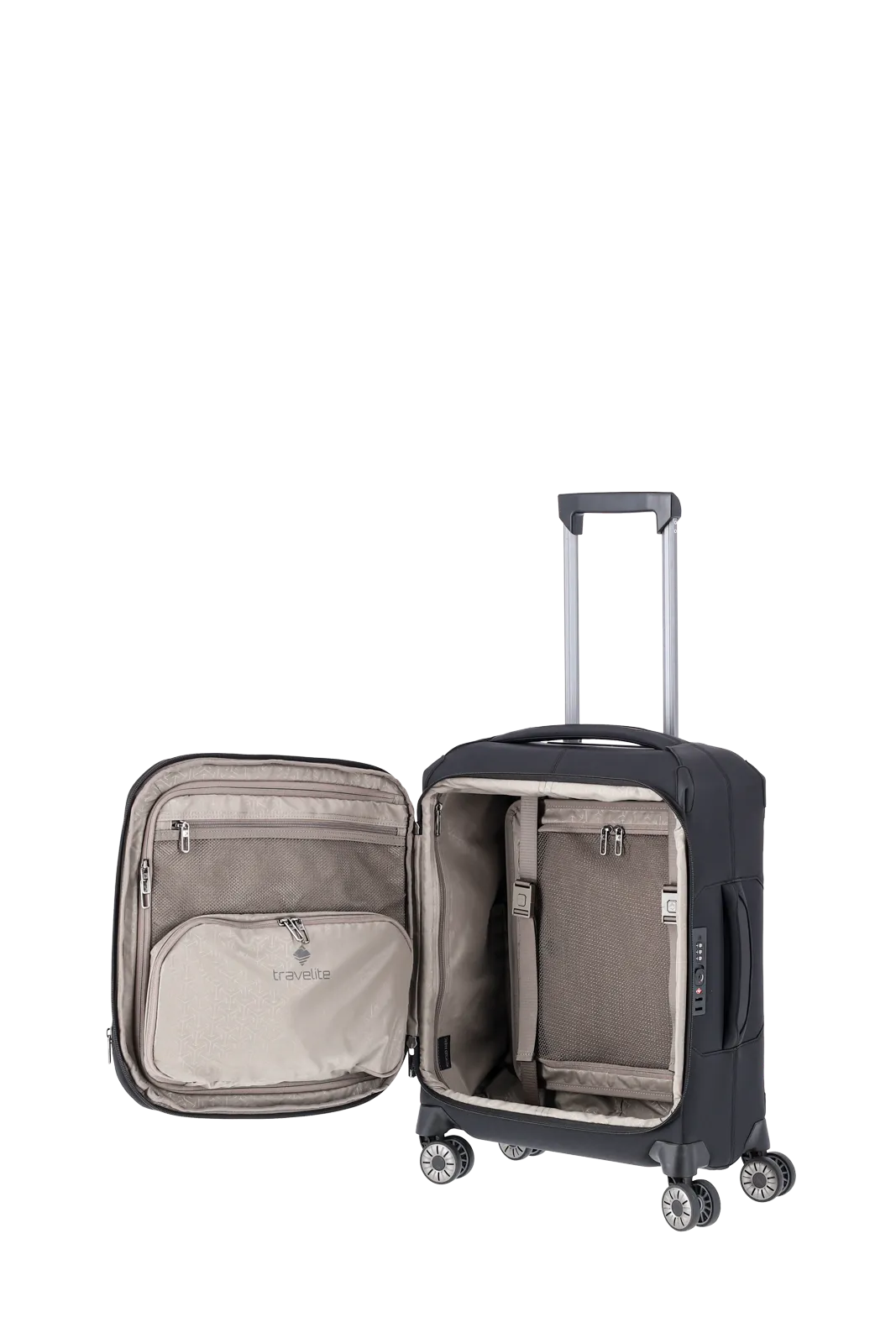 schwarzer Priima Weichgepäck Koffer geöffnet von travelite Größe S