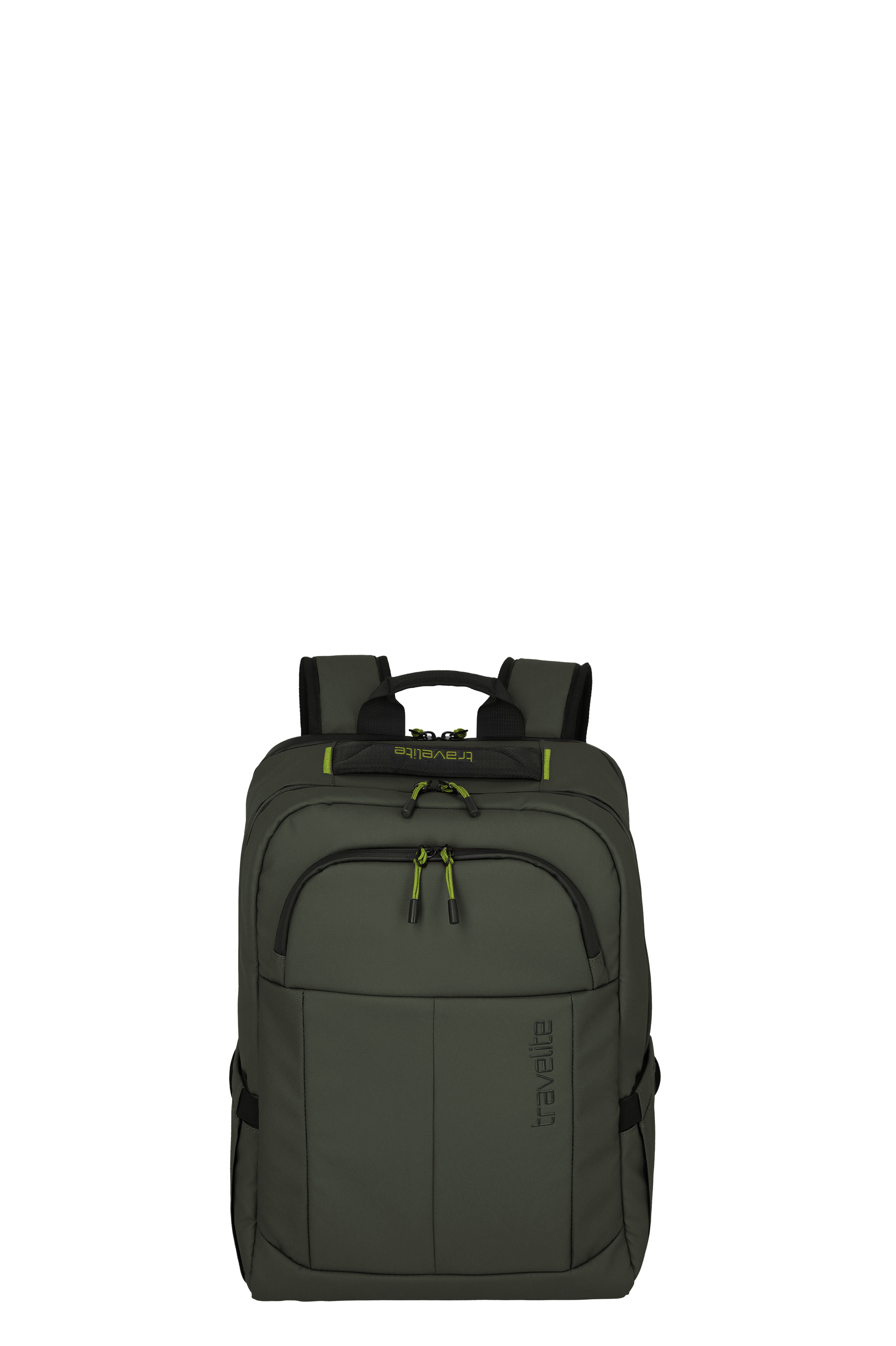 Green TRAVELITE backpack M, front view against a black background. Padded shoulder straps, carrying handle and zip compartments with lime green accents. The TRAVELITE logo is located on the side.