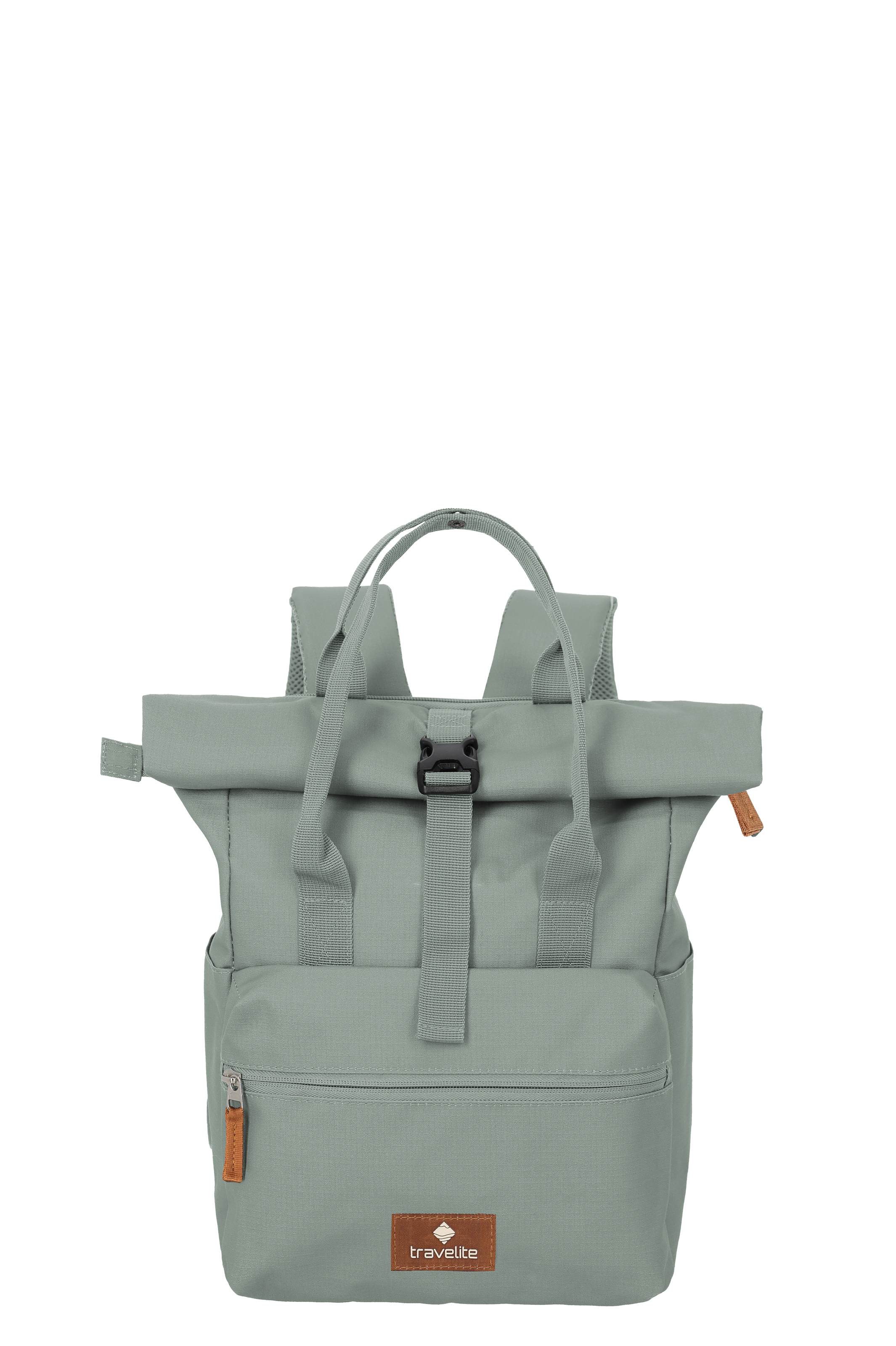 Photo frontale d'un sac à dos vert clair TRAVELITE Short Handle Rollup sur fond noir. Le sac à dos a une poignée, des bretelles réglables et une ouverture enroulable. Une poche frontale avec fermeture éclair est visible.