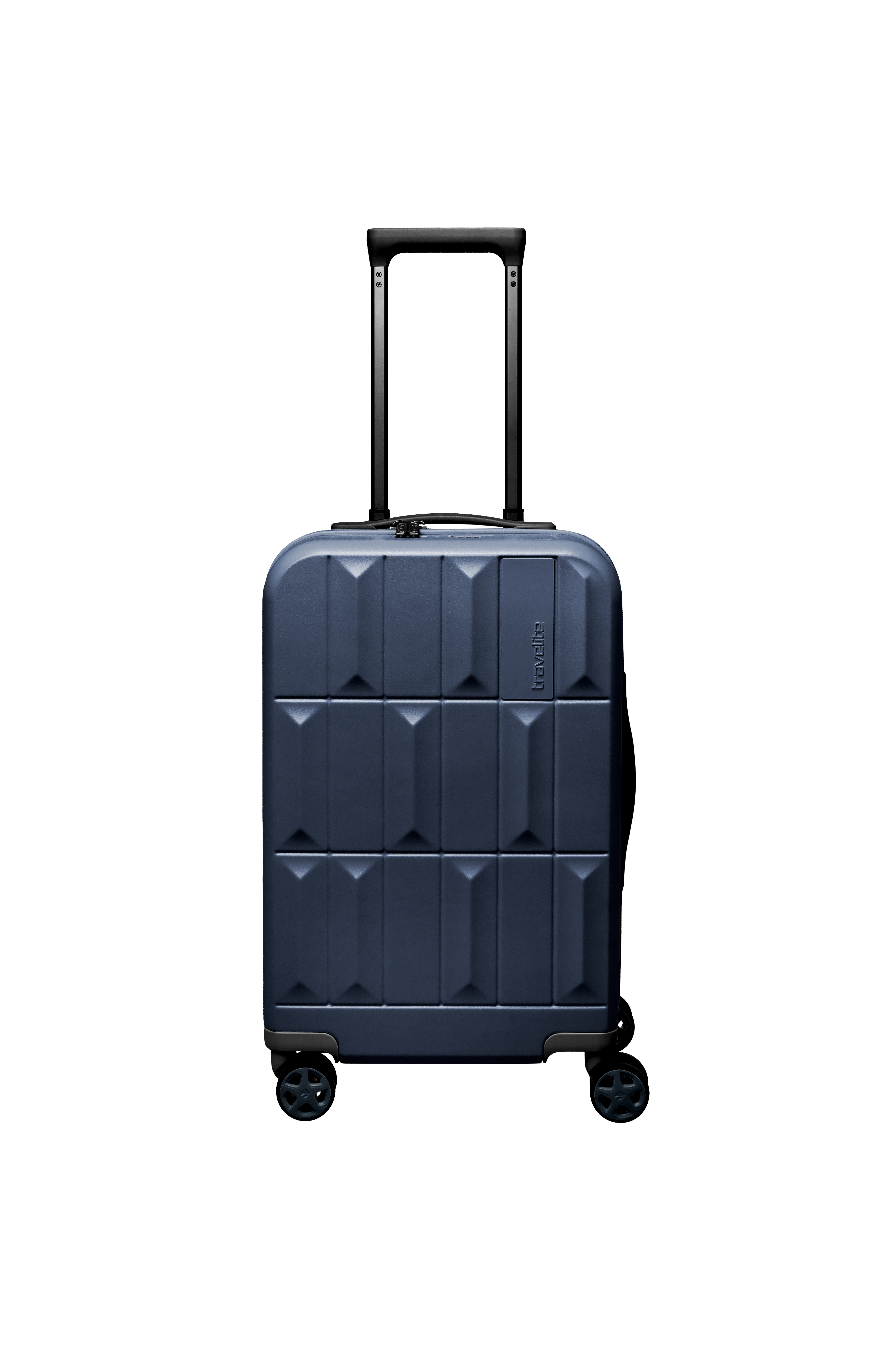 A blue hard-shell suitcase stands on four wheels in front of a black background. The case has a telescopic handle that extends upwards. The case is decorated with an embossed geometric pattern of rectangles and pyramids.
