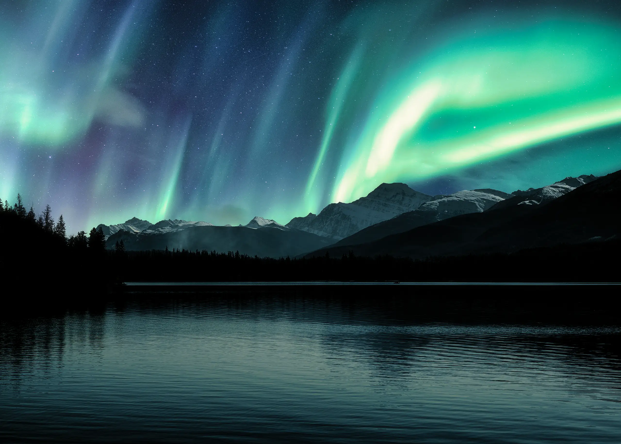 Polarlichter Norwegen: unsere Tipps für eine unvergessliche Reise Faszinierende Nordlichter am Nachthimmel über einem ruhigen See und verschneiten Bergen