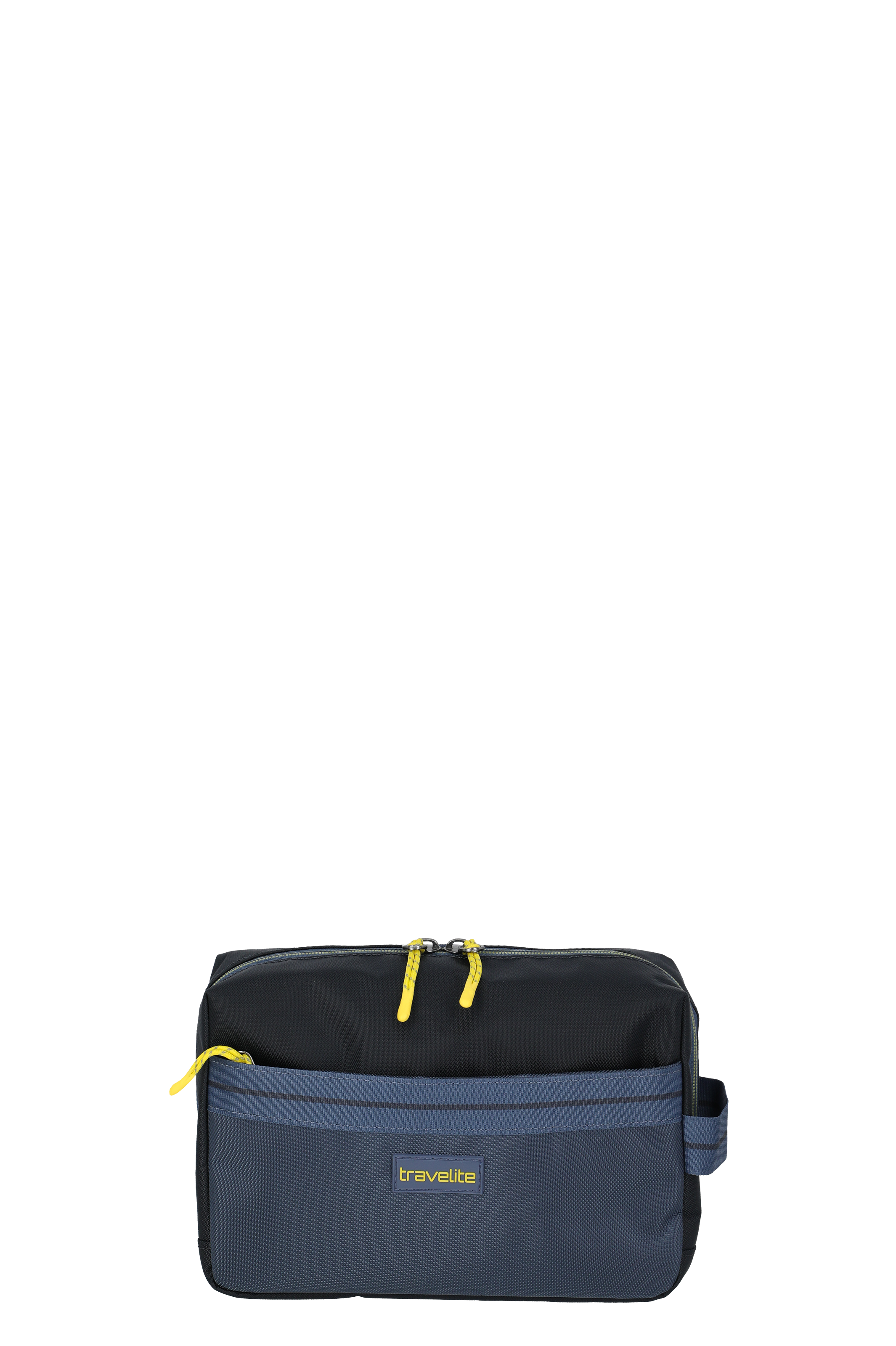 La borsa da toilette Travelite rettangolare in blu e nero con diversi scomparti e cerniere gialle.