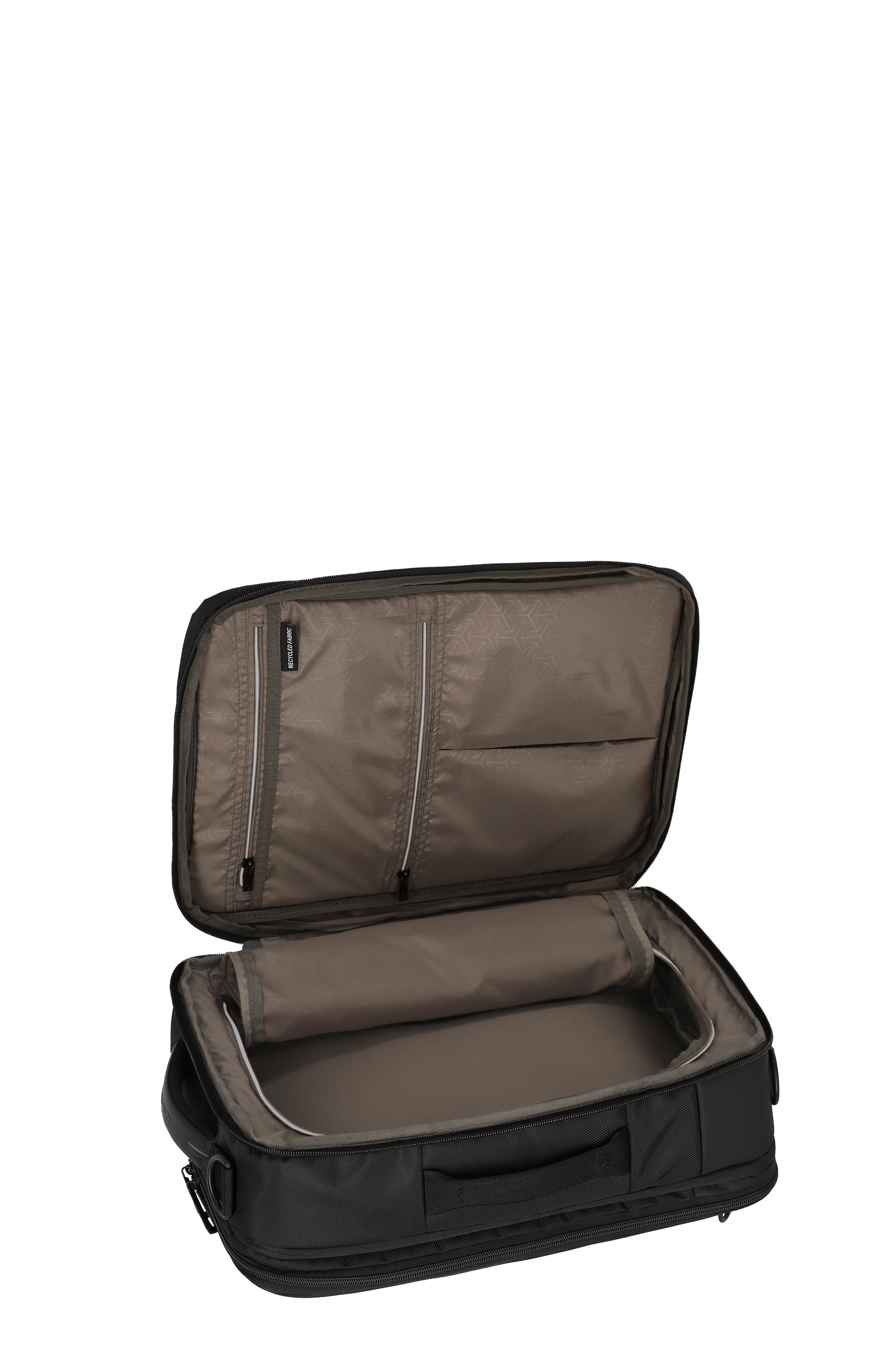 Geöffneter schwarzer Reisetrolley mit großem Hauptfach und zwei Innentaschen mit Reißverschluss