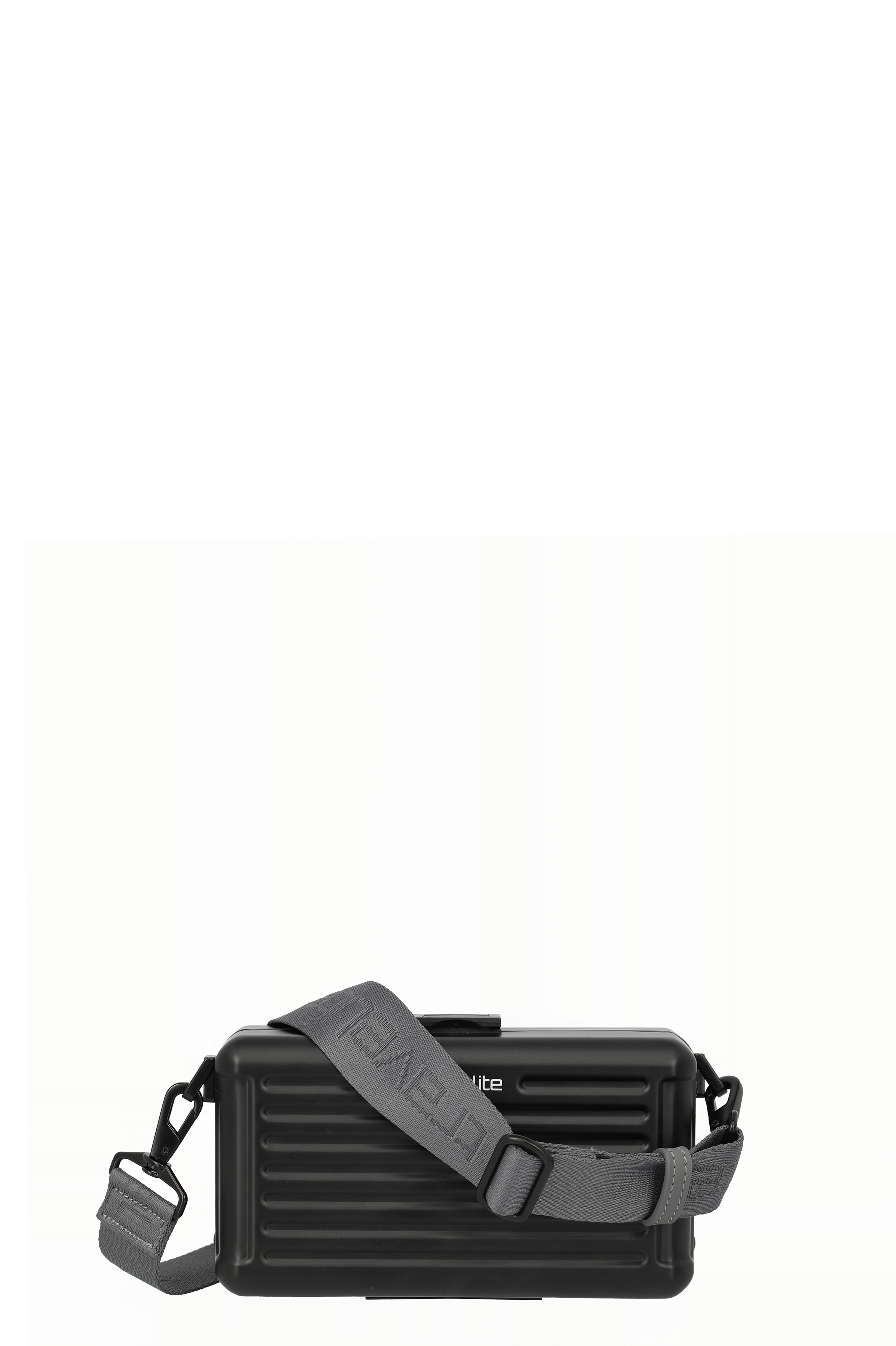 Kompakte schwarze Umhängetasche mit grauem verstellbarem Schultergurt Schwarze Umhängetasche mit Rillenstruktur und grauem, breitem Schultergurt, ideal für unterwegs