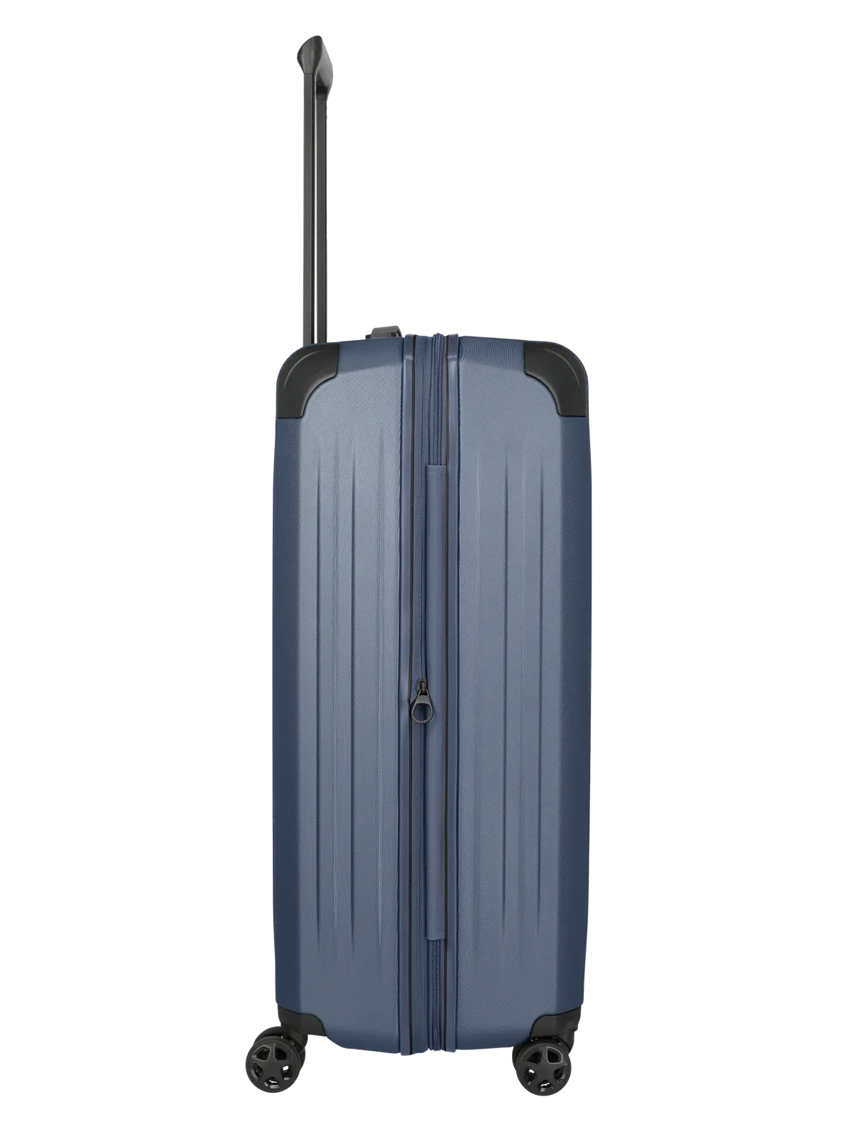 Blauer Hartschalenkoffer mit Teleskopgriff und vier Rollen – Seitenansicht