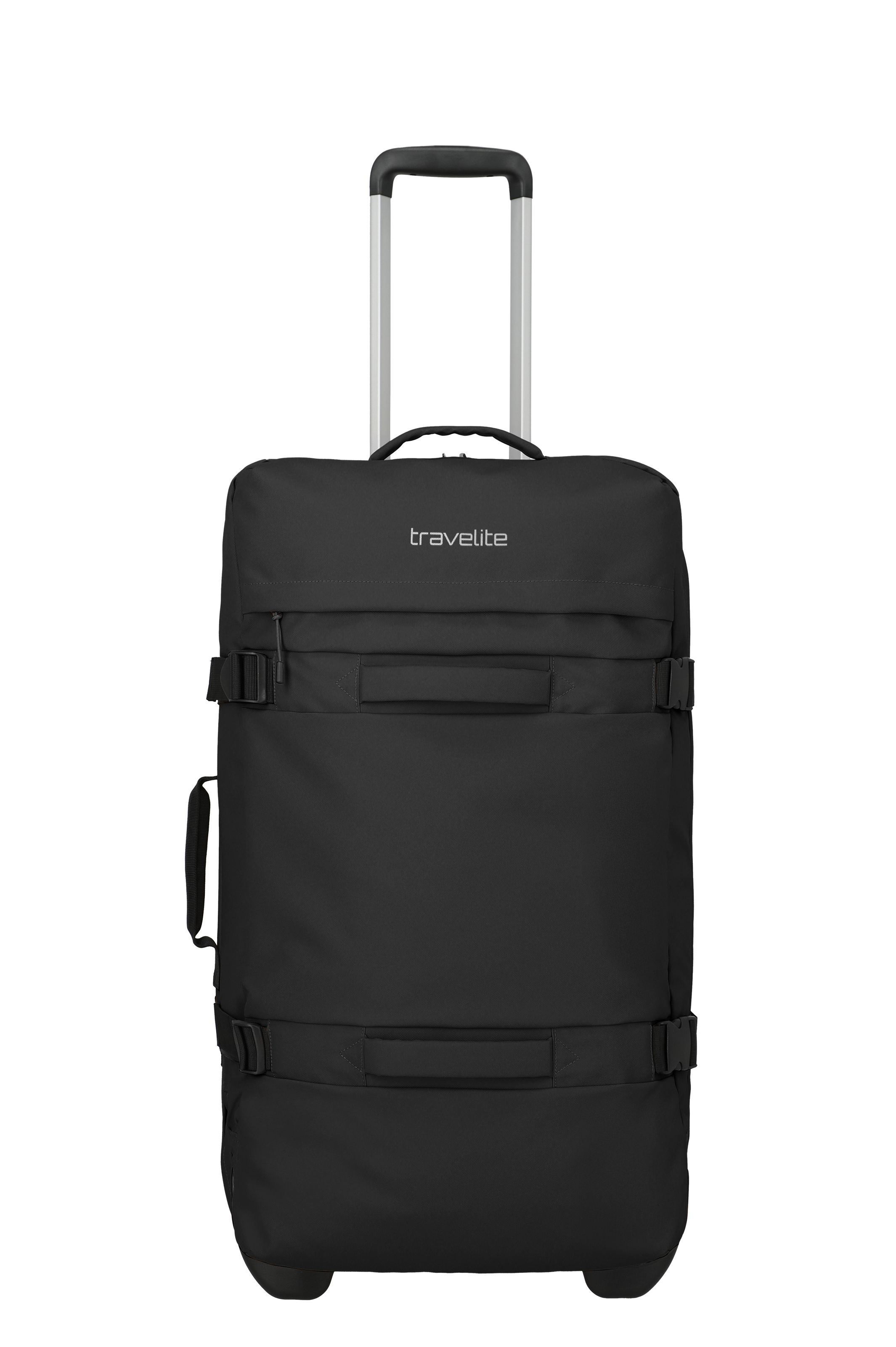 Maleta rectangular negra con asa extensible y ruedas, de pie. La maleta lleva la etiqueta "travelite". La maleta tiene correas de transporte y un bolsillo lateral. Se encuentra sobre un fondo negro.