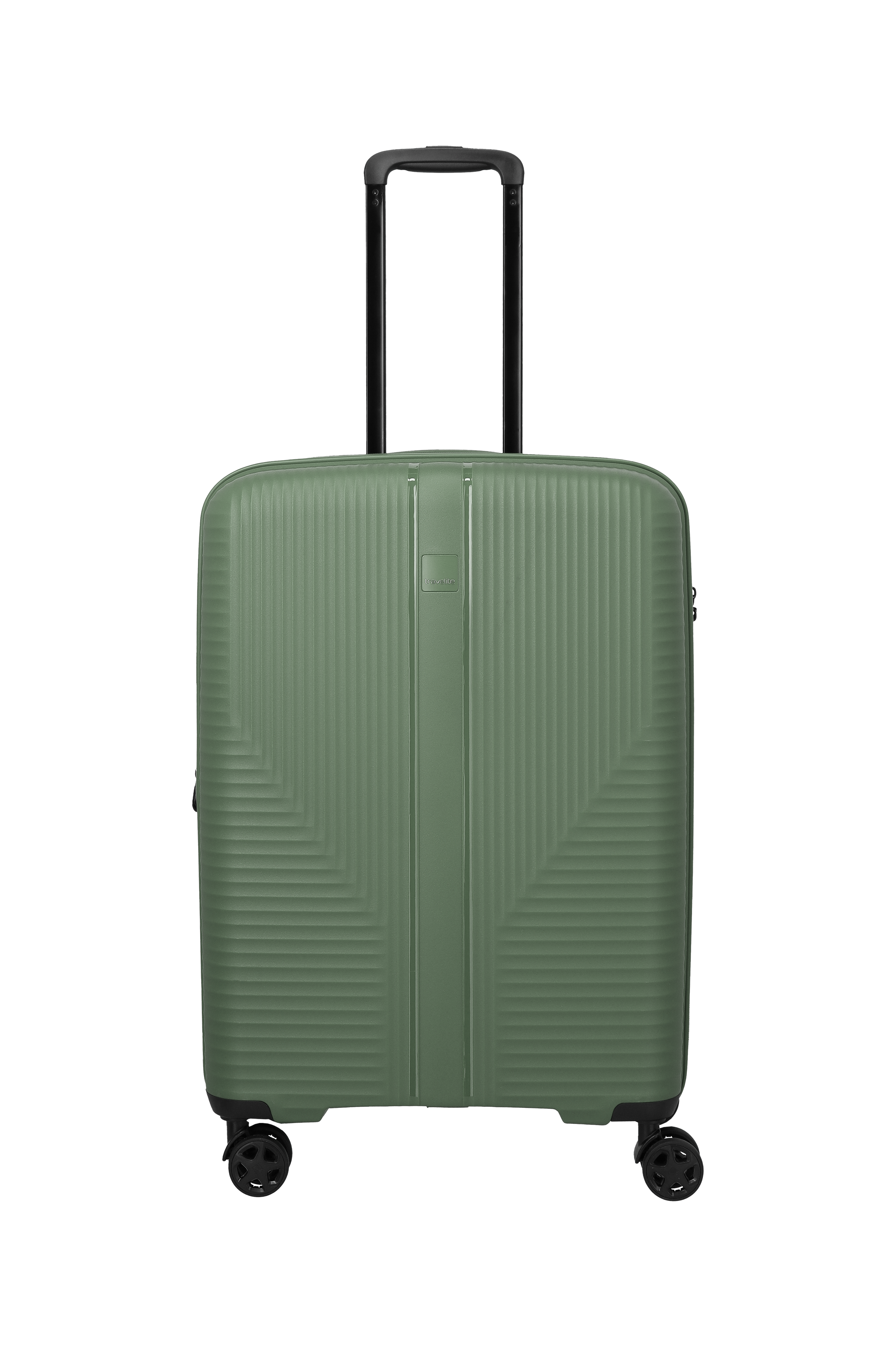 Auf dem Bild ist ein olivgrüner TRAVELITE Koffer der Größe S zu sehen. Der Koffer hat einen Teleskopgriff und vier Rollen. Seine Oberfläche ist mit einem geometrischen Muster aus horizontalen Linien versehen.