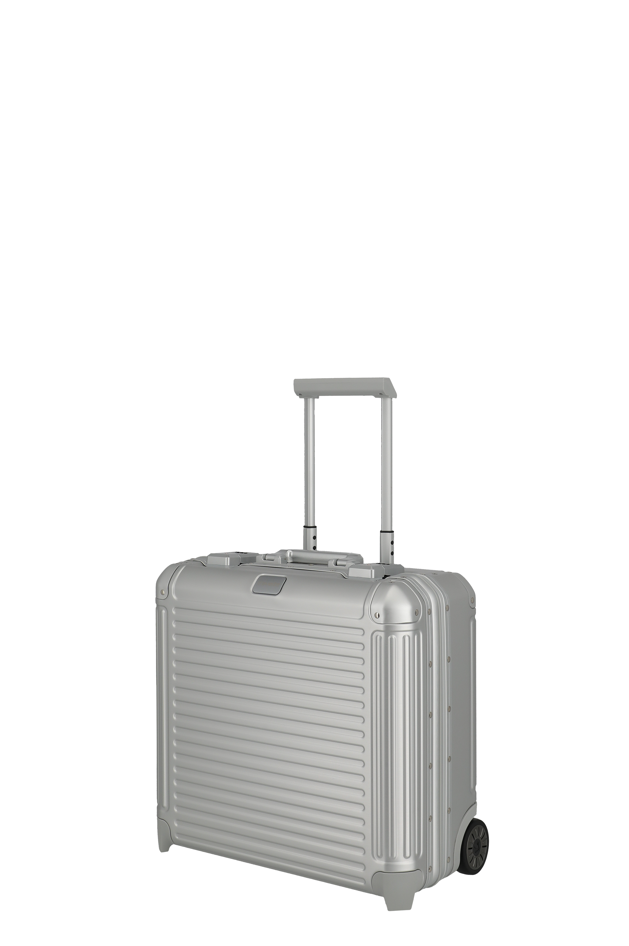 Robuster silberner Hartschalen-Trolley mit Teleskopgriff und zwei Rollen, ideal für Reisen