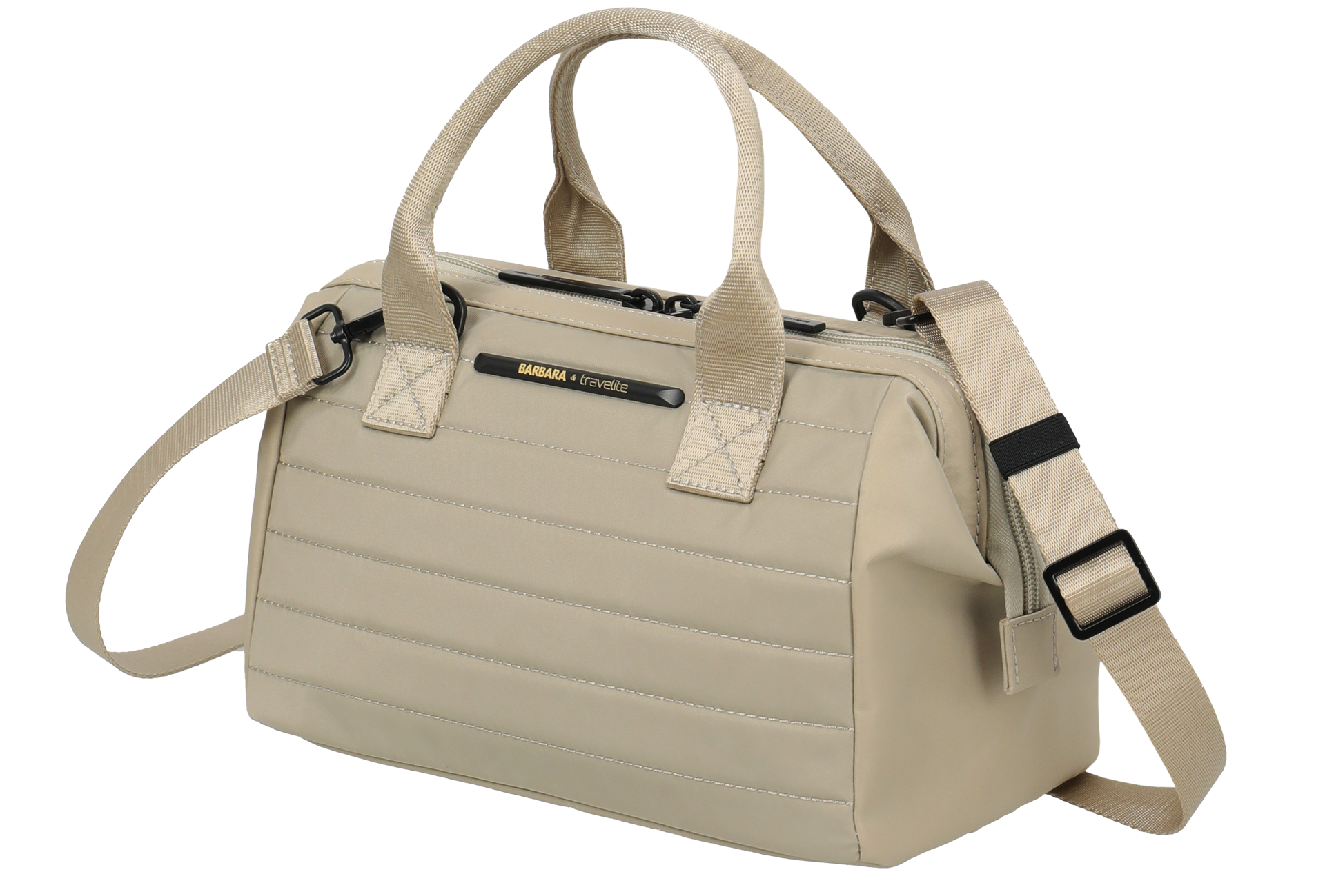 Beige Reisetasche mit Schultergurt von BARBARA für travelite – stilvolle Damen-Handtasche Beige Reisetasche mit robustem Schultergurt und Tragegriffen, ideal für Damen, Marke BARBARA für travelite