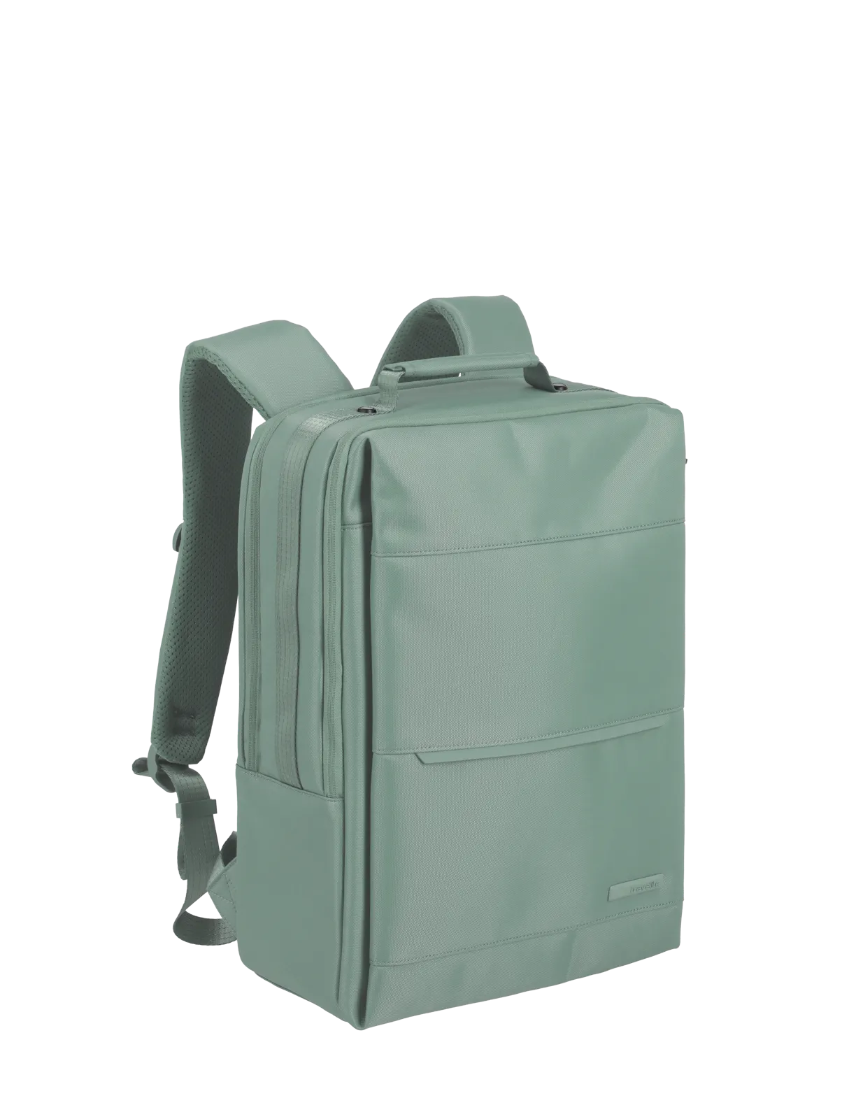 Moderner, rechteckiger Rucksack in hellem Grün mit mehreren Fächern – ideal für Alltag, Uni und Büro Hellgrüner, eckiger Rucksack mit gepolsterten Schultergurten und geräumigen Fächern, geeignet für Arbeit oder Schule