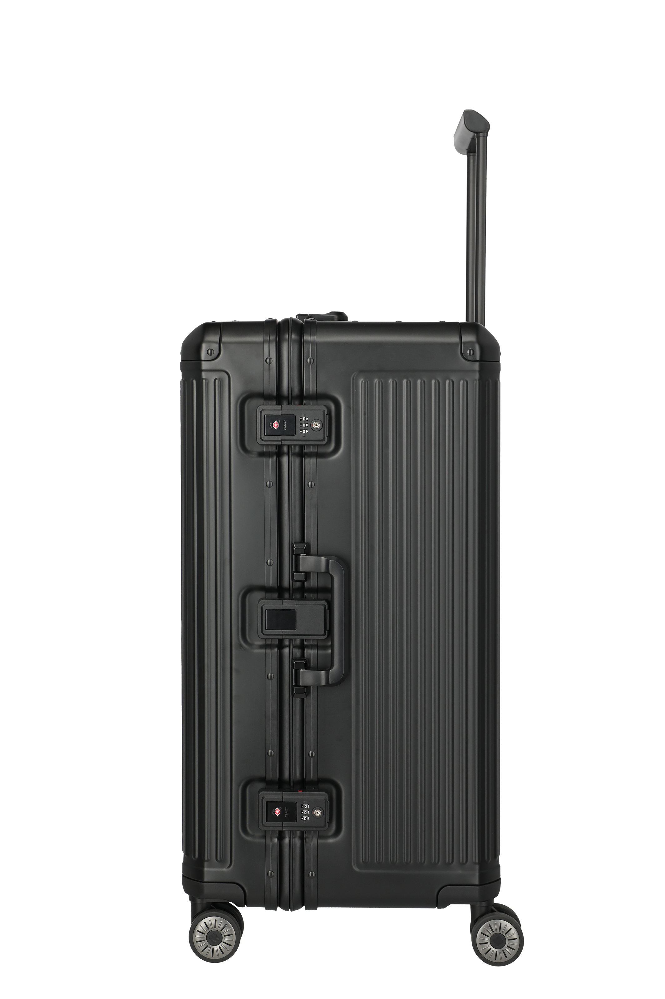 Großer schwarzer Hartschalenkoffer mit Teleskopgriff und TSA-Schlössern – Seitenansicht
