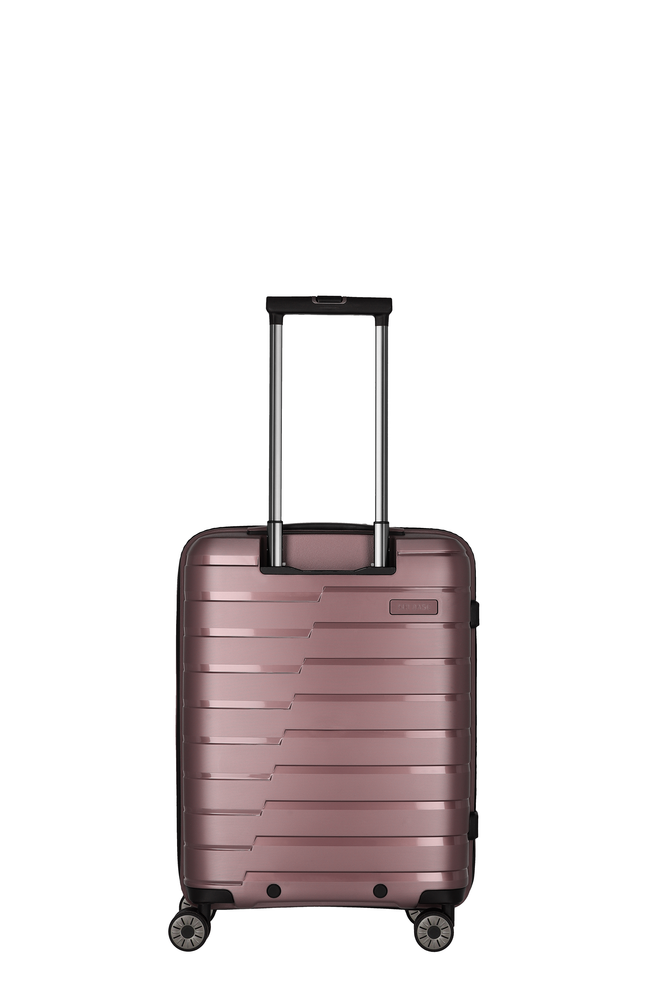 Moderner Hartschalen-Trolley in Metallic-Rosa mit vier Rollen und Teleskopgriff – ideal als Handgepäck