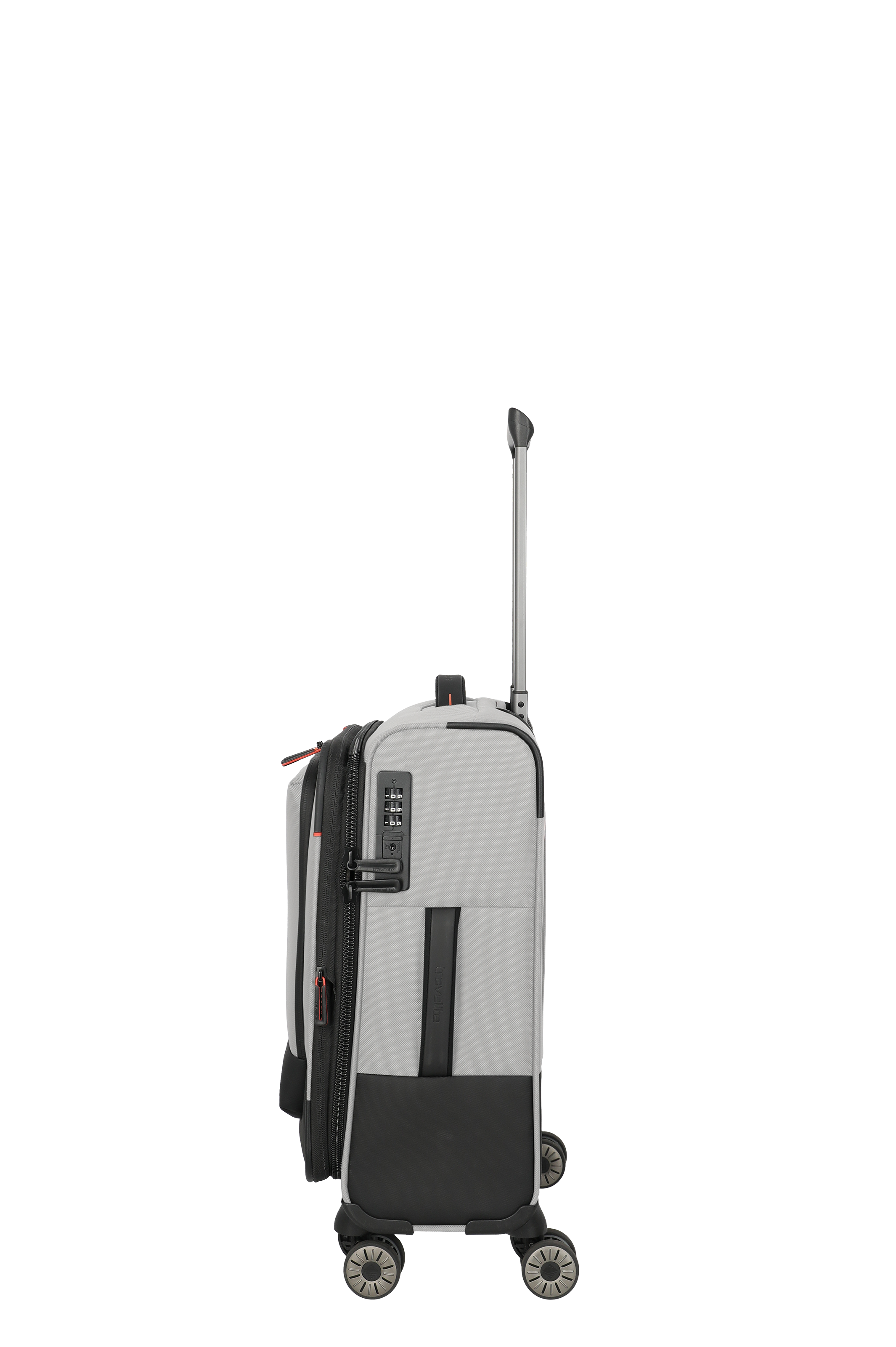 Leichter grau-schwarzer Trolley mit Zahlenschloss und vier Rollen – Seitenansicht